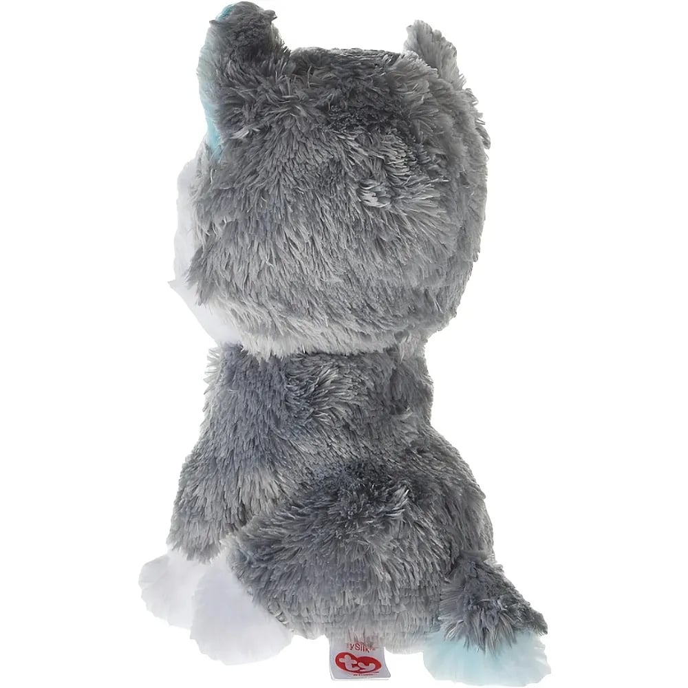 Rückansicht eines flauschigen Kuschelhunds in Grau und Weiß mit blauen Details und rotem Etikett.