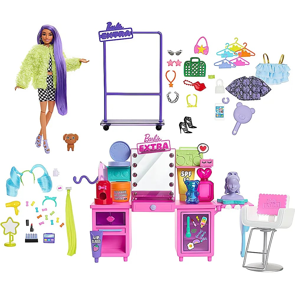 Barbie Extra Puppe mit lilafarbenem Haar, Kleiderständer, Schminktisch, Stuhl und vielen bunten Accessoires.