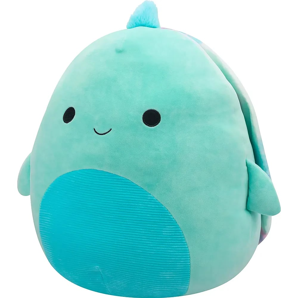 Un dinosaure en peluche vert menthe rond avec des yeux noirs, un sourire et un ventre bleu texturé sur fond blanc.