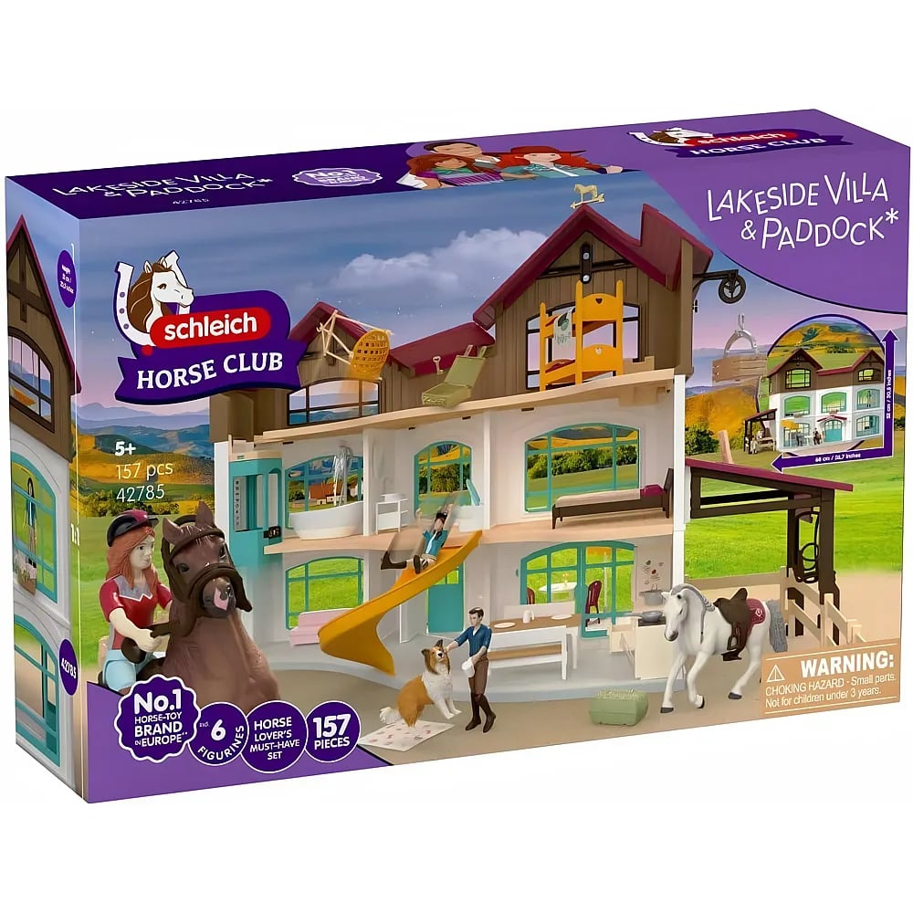 Spielzeug-Pferdevilla von Schleich mit Figuren, Pferden, Hund und Zubehör in bunter Verpackung.