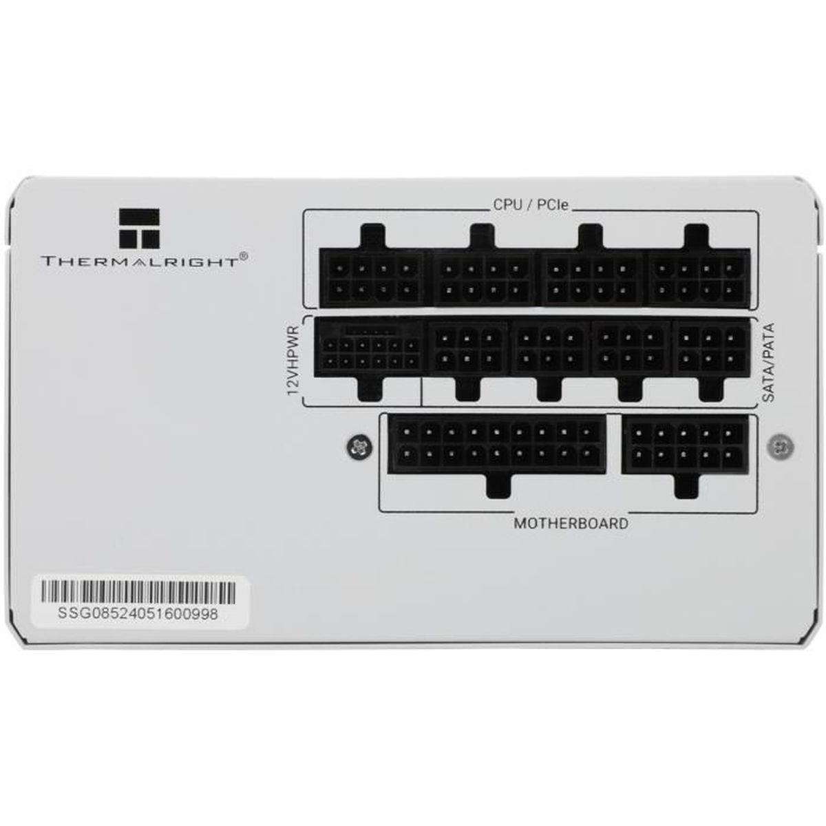 Rückseite eines Thermalright Netzteils mit verschiedenen schwarzen Stromanschlüssen, Marke und Barcode.