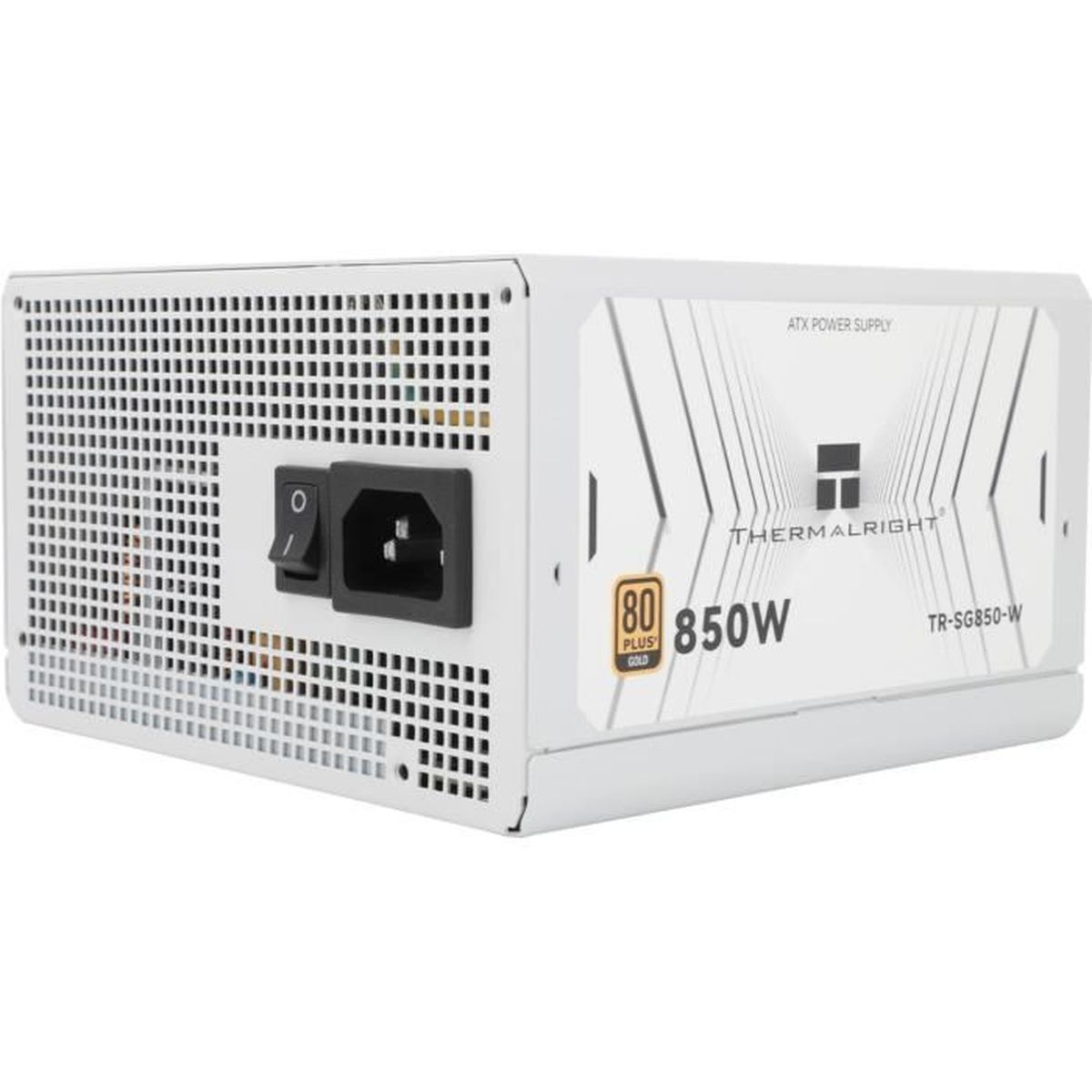 Ein weißes Thermalright 850W ATX-Netzteil mit schwarzem Lüftungsgitter und Steckdosenbereich auf einem hellen Hintergrund.