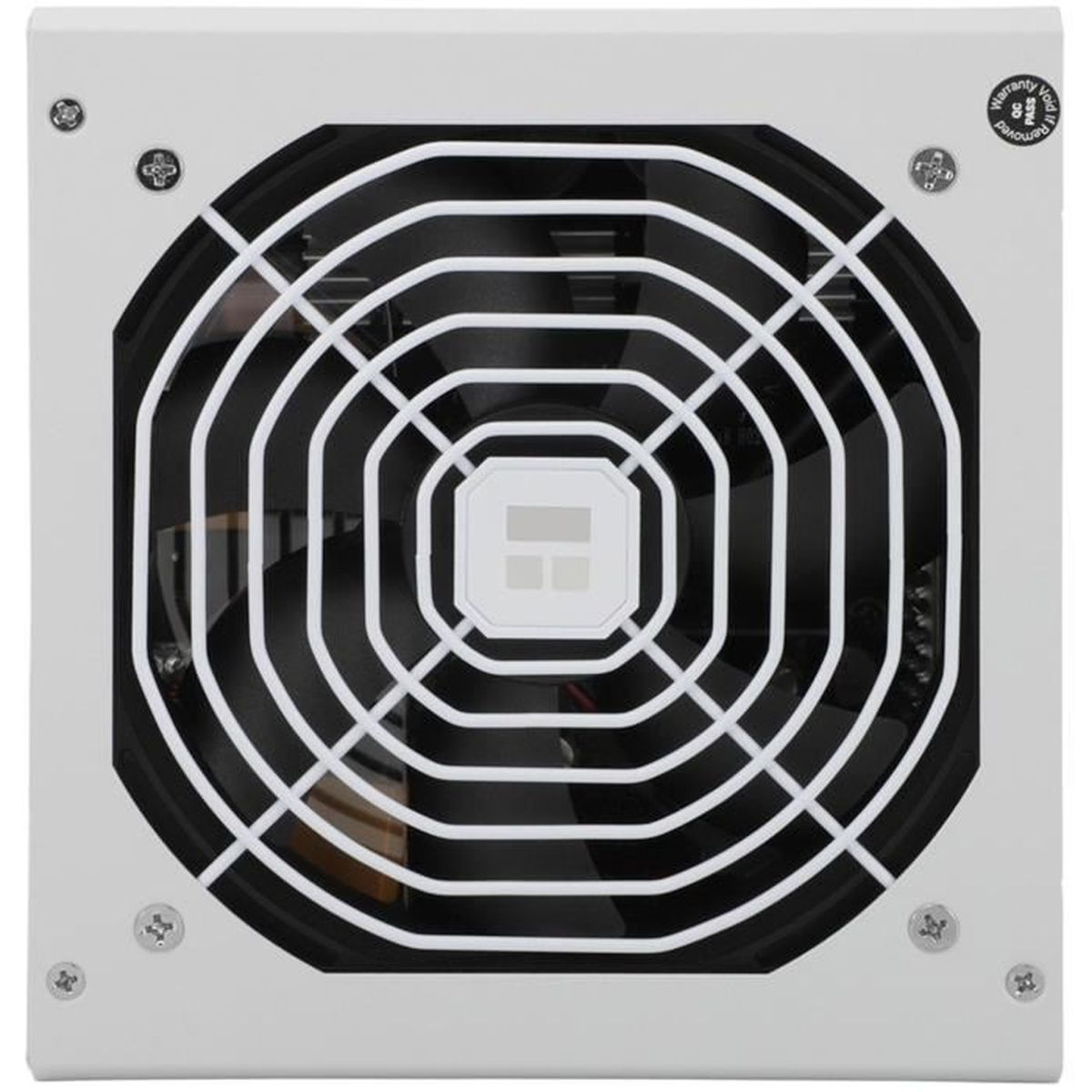 Ein weißes Computer-Netzteil mit einem schwarzen Innenventilator und einem weißen Schutzgitter.