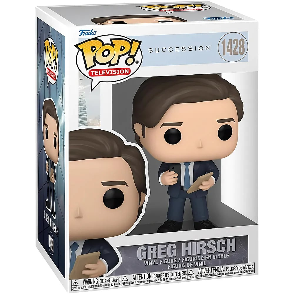 Figura Funko Pop de Greg Hirsch de Succession en caja, sosteniendo un teléfono y carpeta.