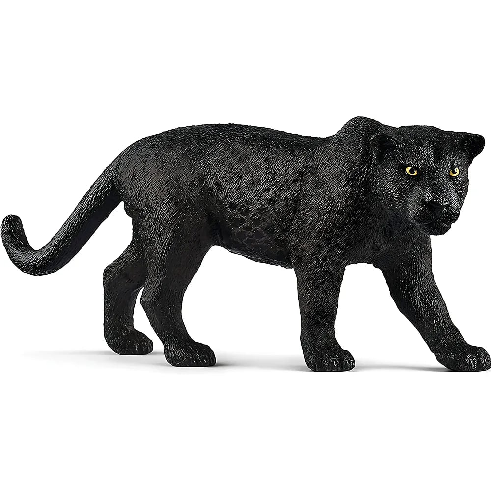 Eine Spielzeugfigur eines schwarzen Panthers auf weißem Hintergrund mit strukturiertem schwarzem Fell und gelben Augen.