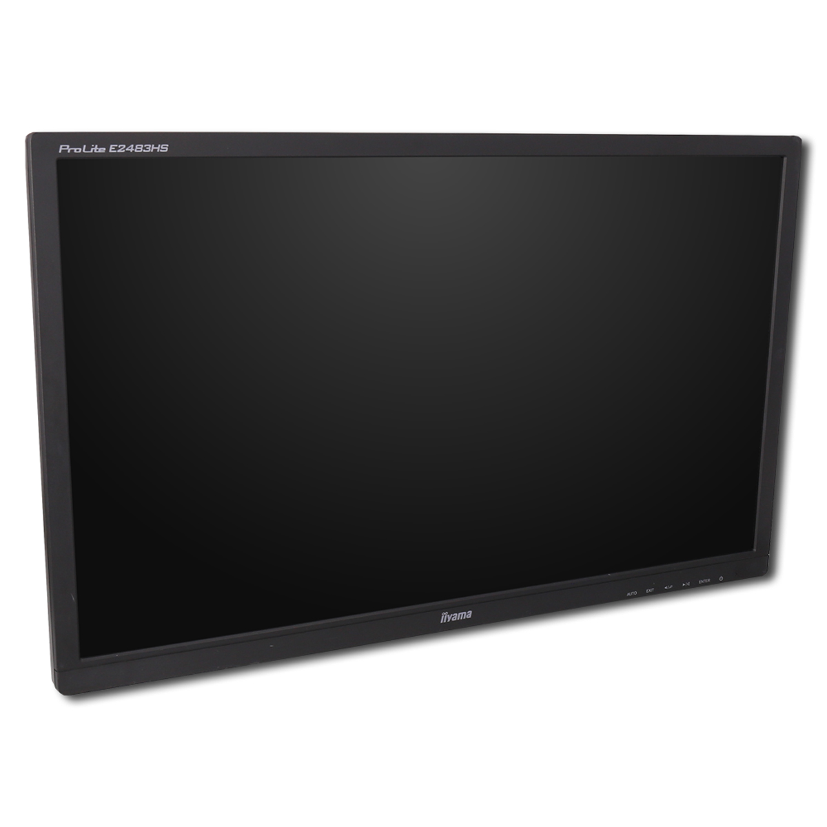 Schwarzer Iiyama ProLite E2483HS Monitor mit dünnem Rand und Tasten unten rechts.
