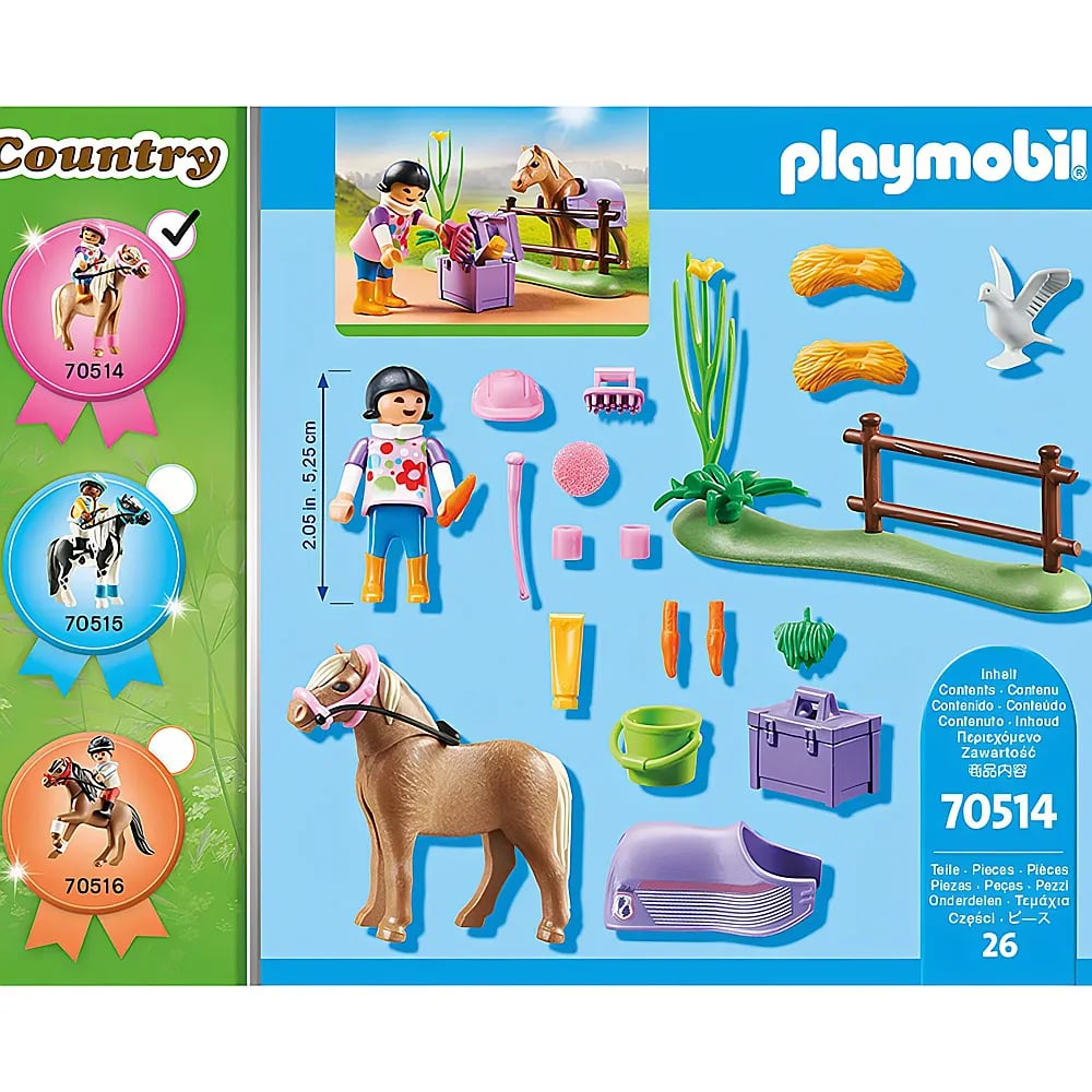 Playmobil Country 70514 Set mit Figur, Pferd, Zubehör wie Bürsten, Karotten und Zaunteilen auf blauem Hintergrund.