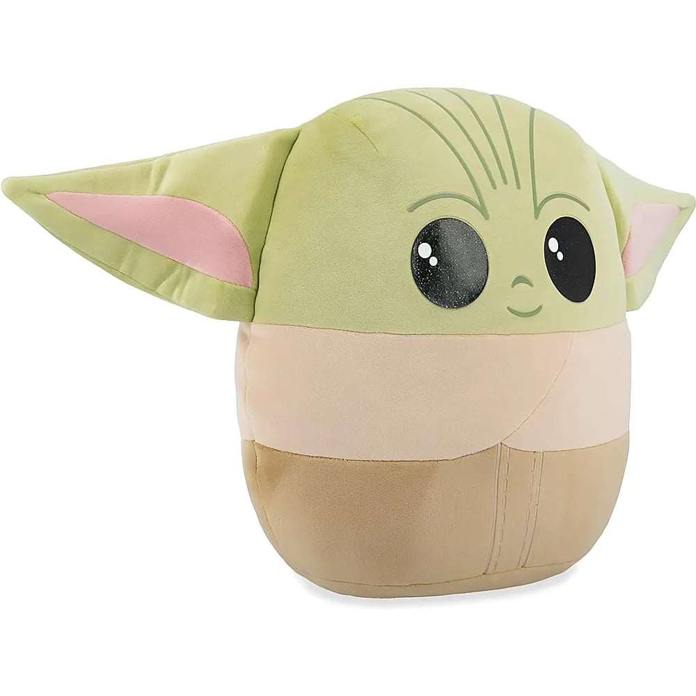 Une peluche verte de Grogu avec de grands yeux noirs et de longues oreilles sur fond blanc.