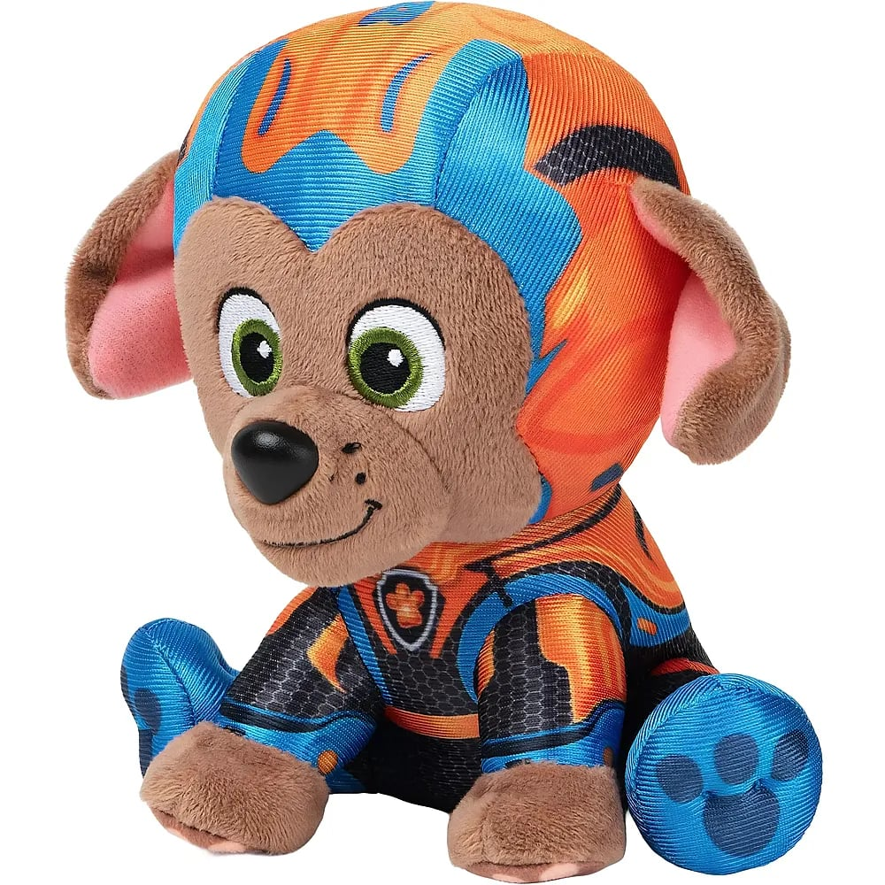 Ein Plüschhund mit großen grünen Augen trägt einen orange-blauen Anzug und eine passende Kopfbedeckung.