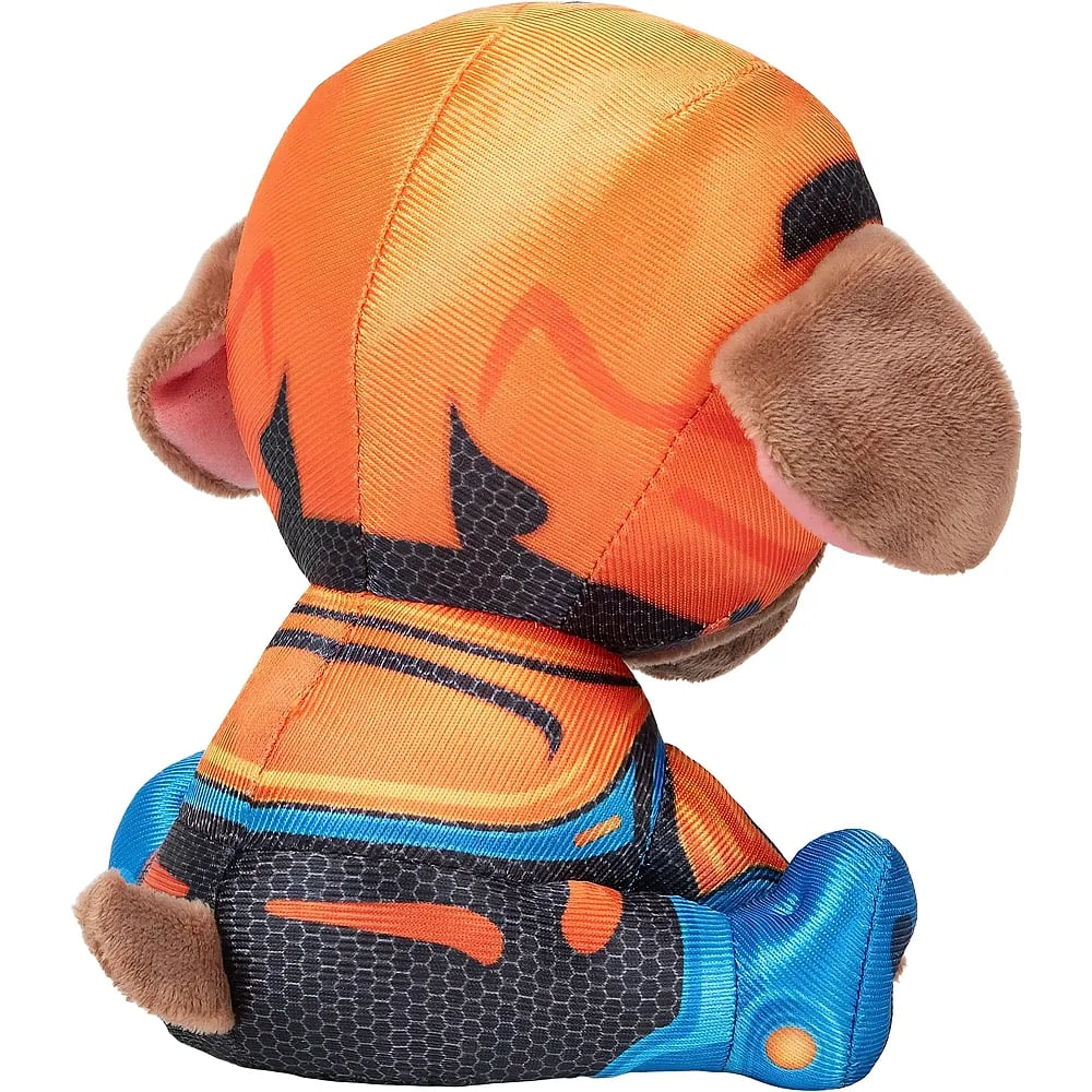 Rückansicht eines orange-schwarz-blauen Kuscheltiers mit braunen Ohren.