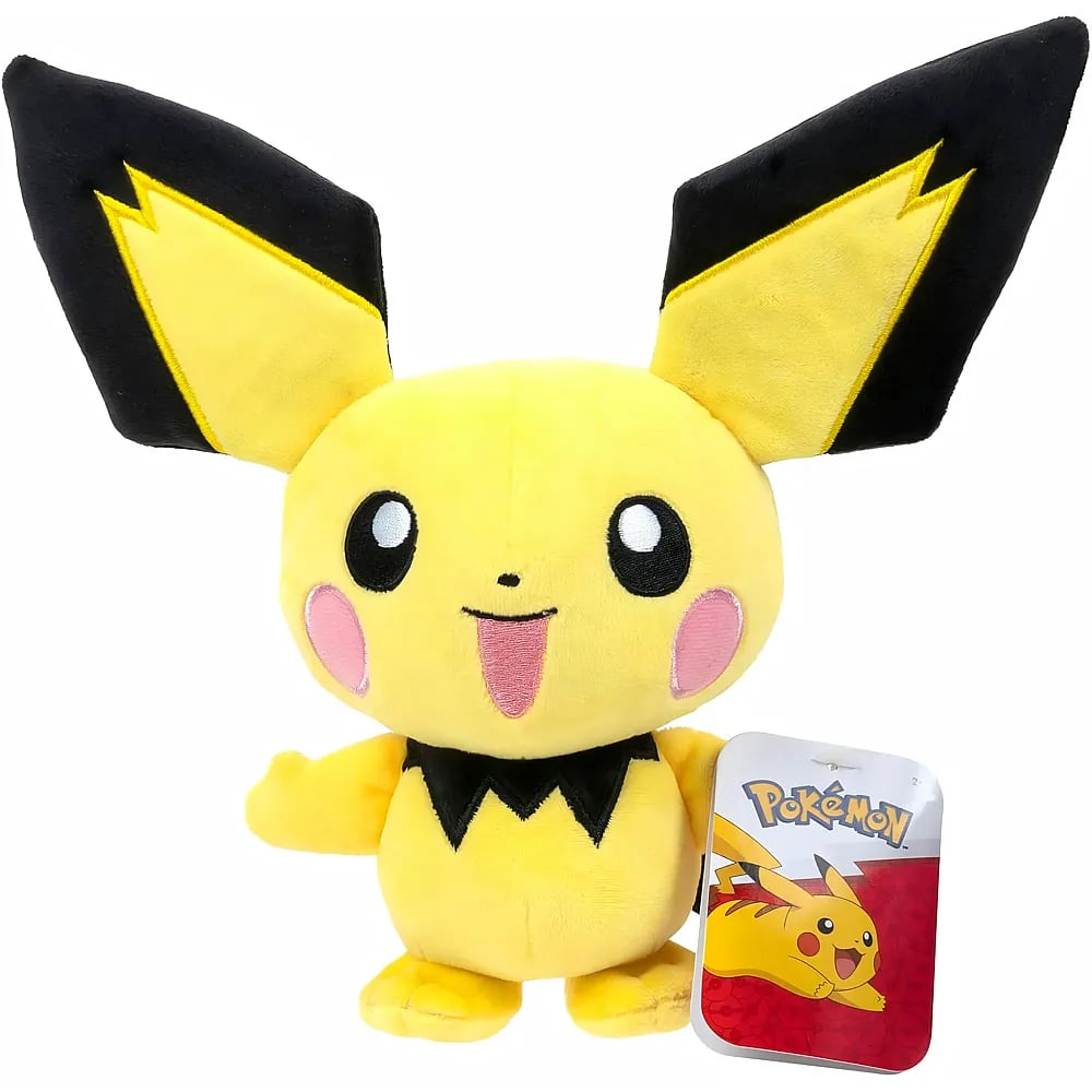Ein gelbes Pichu-Plüschtier mit großen schwarzen Ohren, rosa Wangen und einem Pokémon-Etikett.