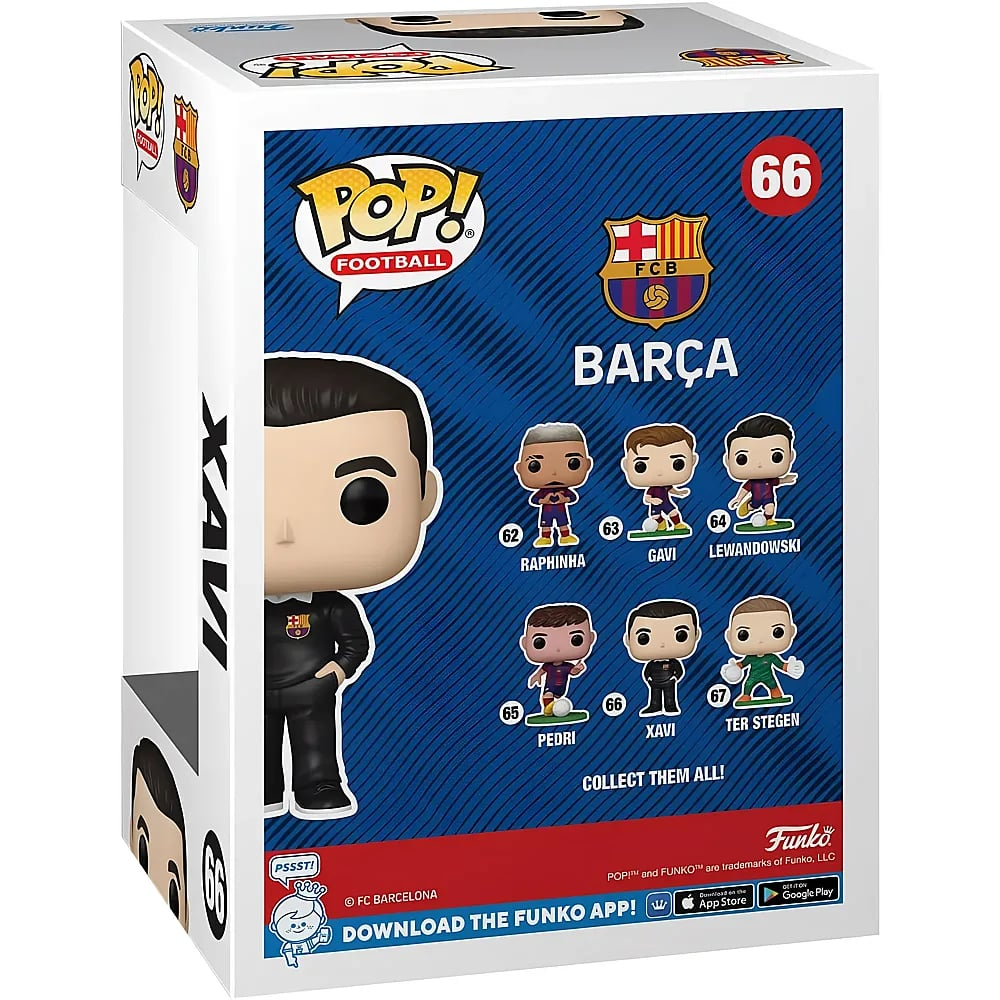 Rückseite einer FC Barcelona Funko Pop Xavi Verpackung mit Miniaturfiguren anderer Spieler.