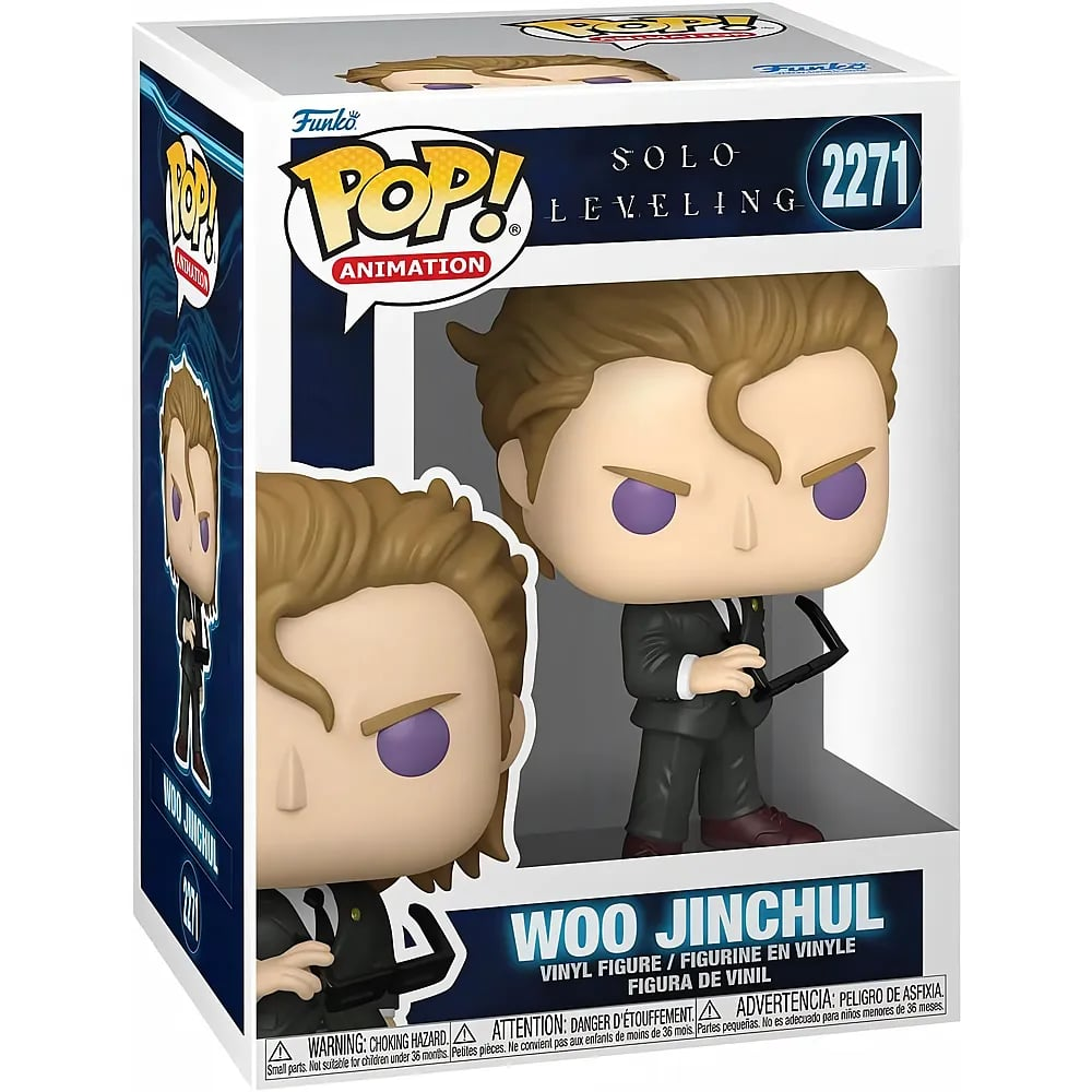 Figura Funko Pop de Woo Jinchul en traje con gafas en su caja.
