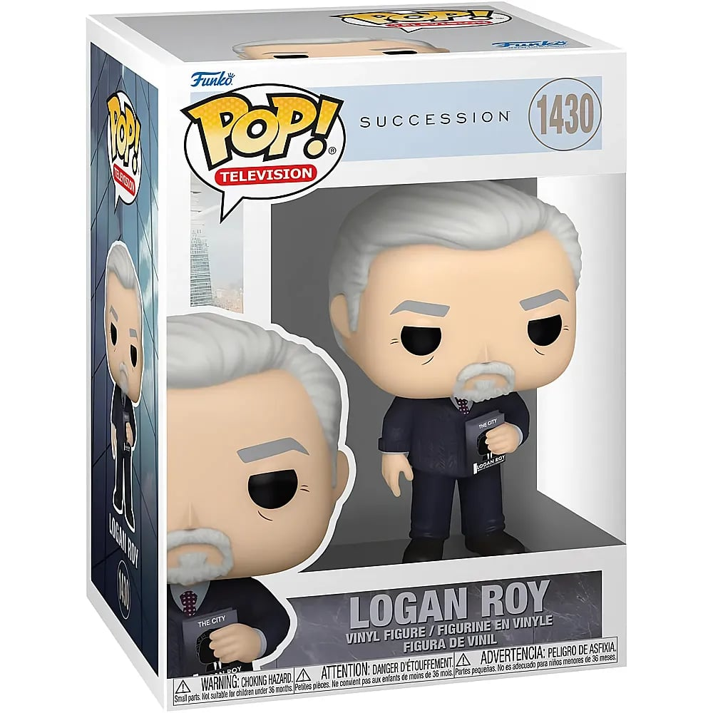 Funko Pop Vinylfigur von Logan Roy aus Succession mit Buch, in der nummerierten Box.