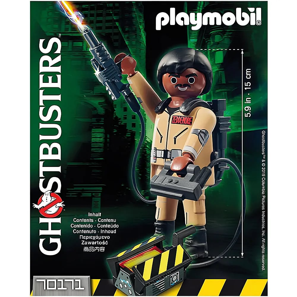 Playmobil Ghostbusters Figur mit Protonenpack und Geistfalle vor grünem Hintergrund.