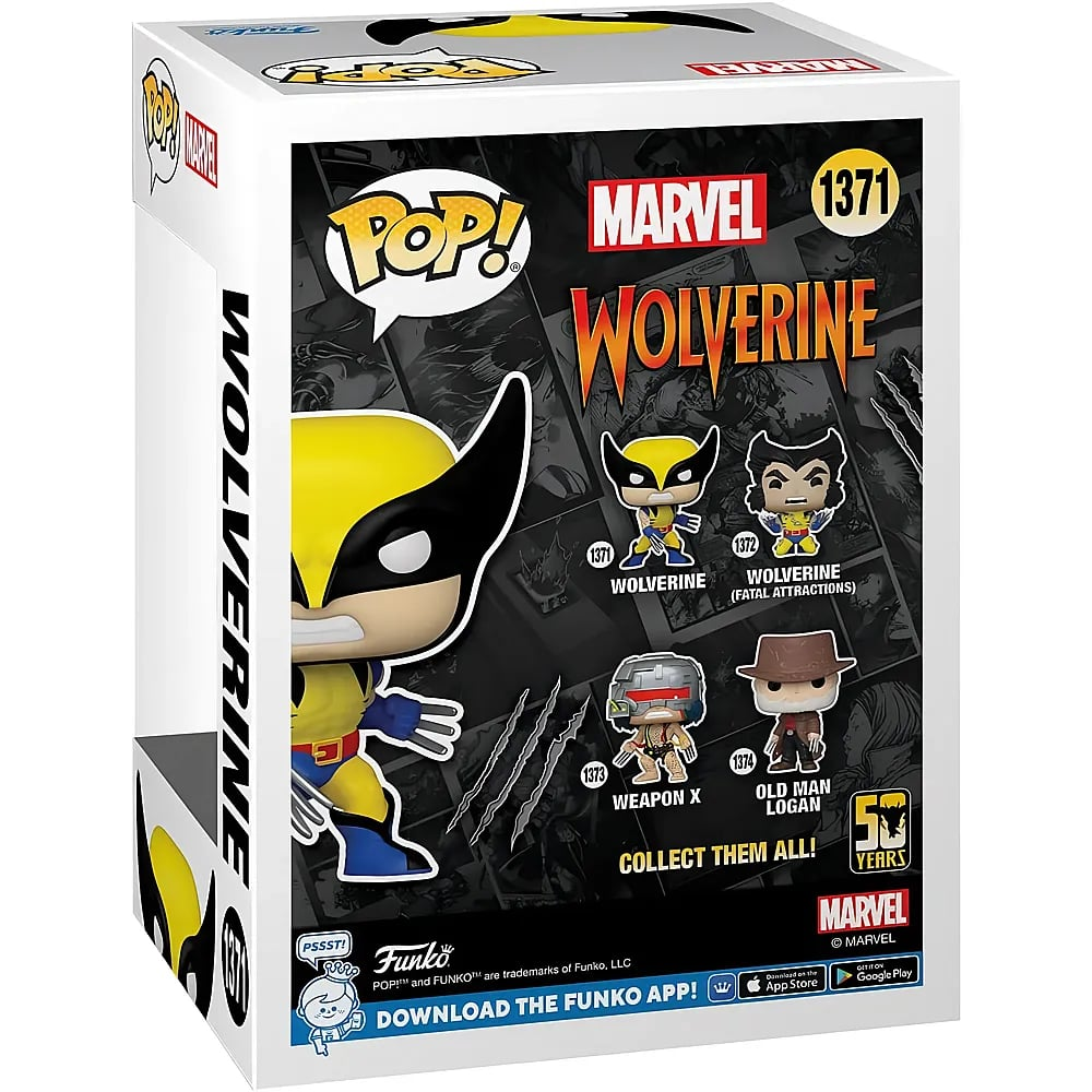 Pudełko Funko Pop Wolverine z brandingiem Marvela i innymi figurkami.