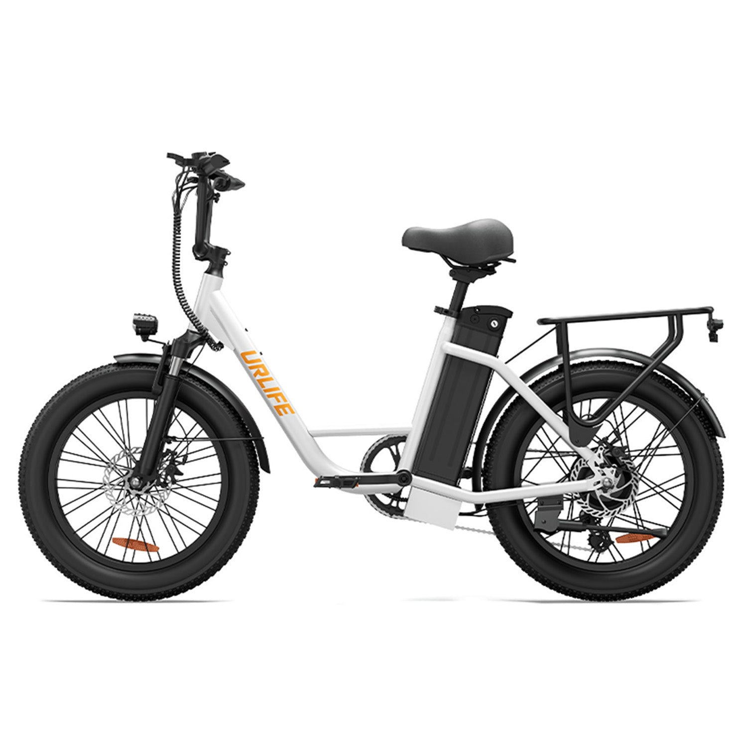 Ein weißes Elektrofahrrad mit dicken Reifen, einem schwarzen Sitz und einem Gepäckträger vor weißem Hintergrund.