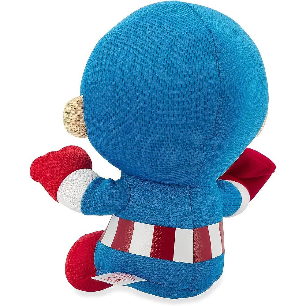 Rückansicht eines blauen Captain America Plüschtiers mit rot-weißer Gürtel und Stiefeln auf weißem Hintergrund.