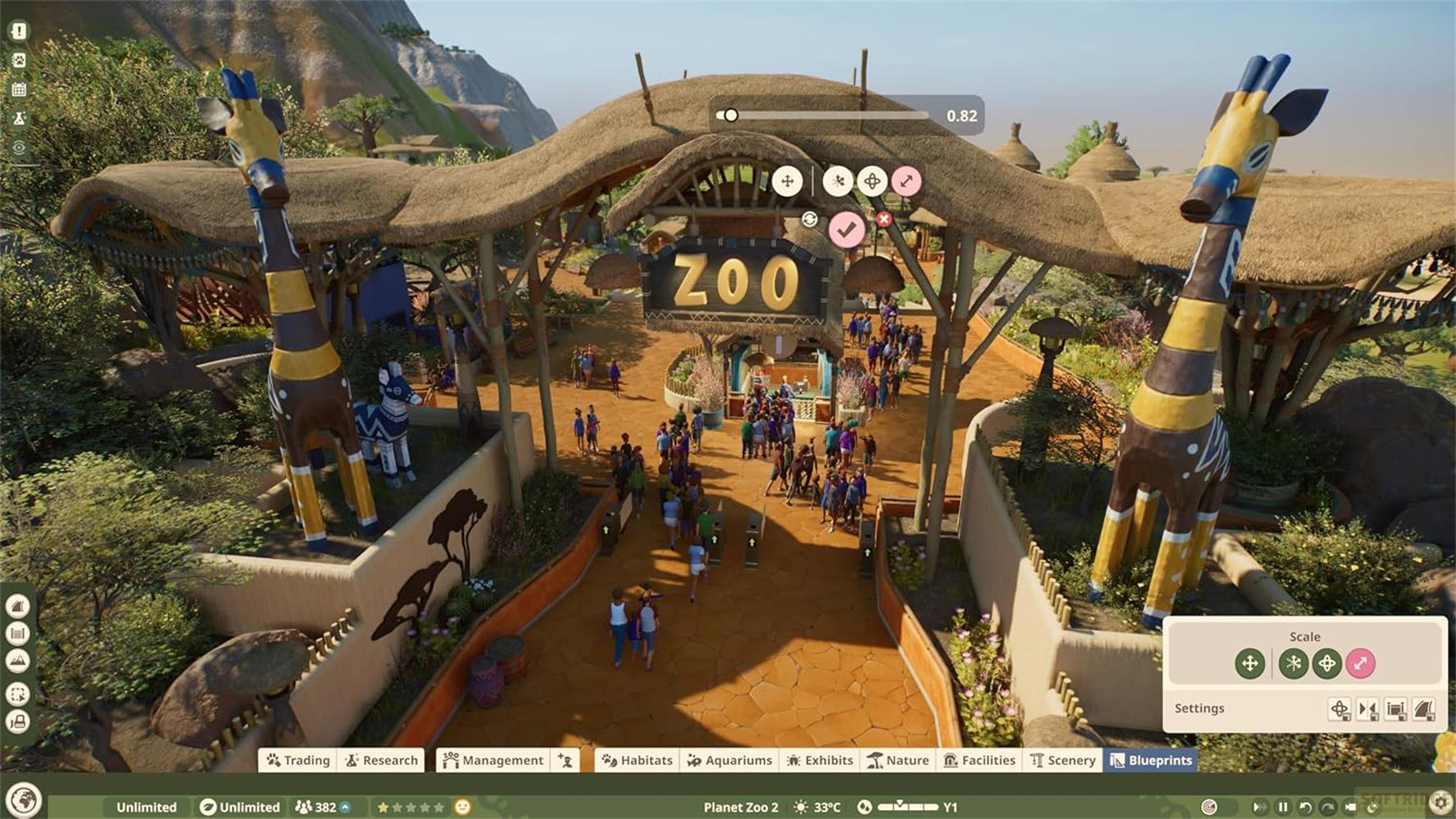 Entrée de zoo virtuelle avec toits de chaume, grandes statues de girafes, panneau ZOO et visiteurs traversant les portes.