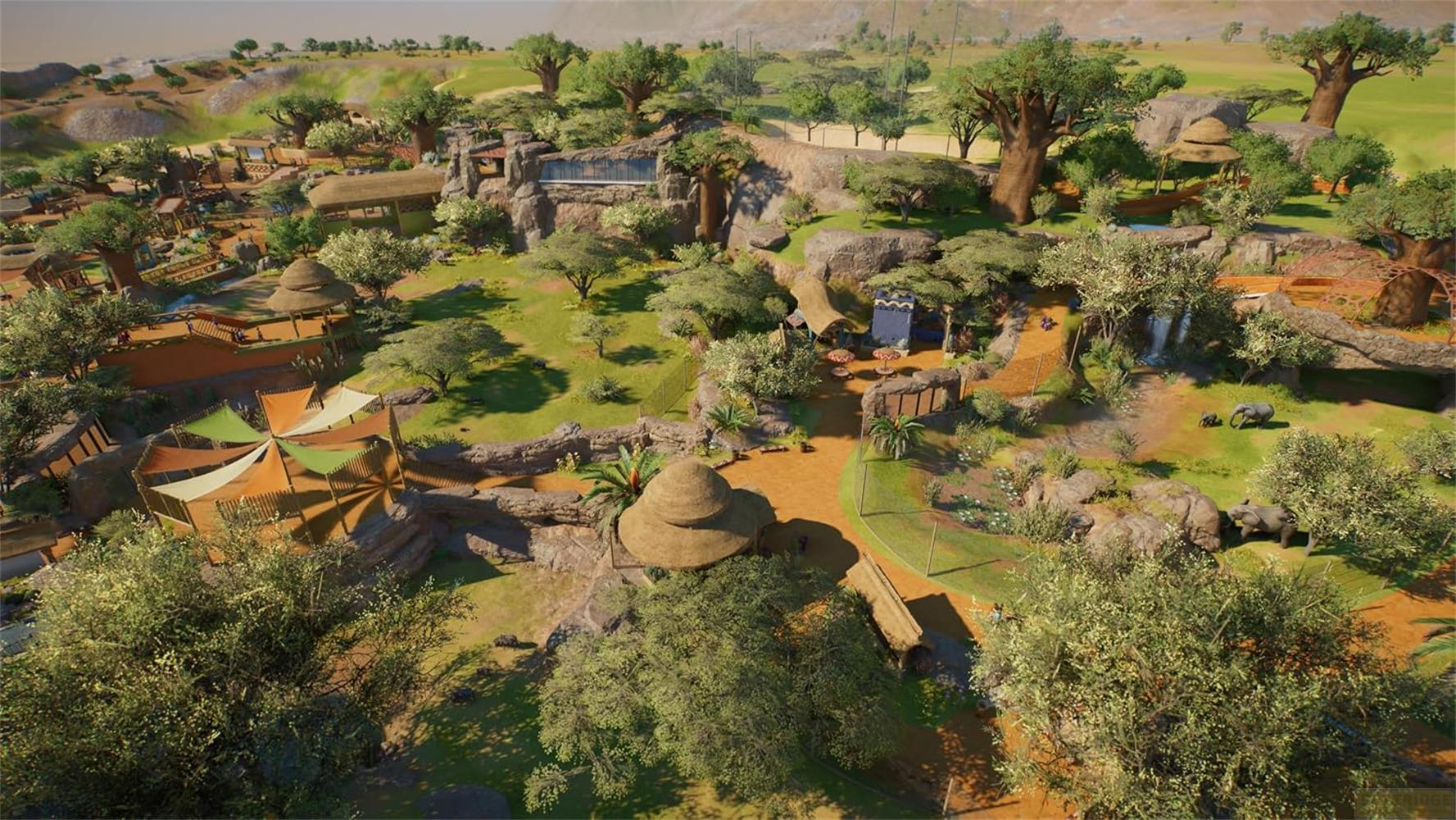 Vue d'ensemble d'un vaste zoo avec des habitats, des arbres, des sentiers et des animaux dans une savane.