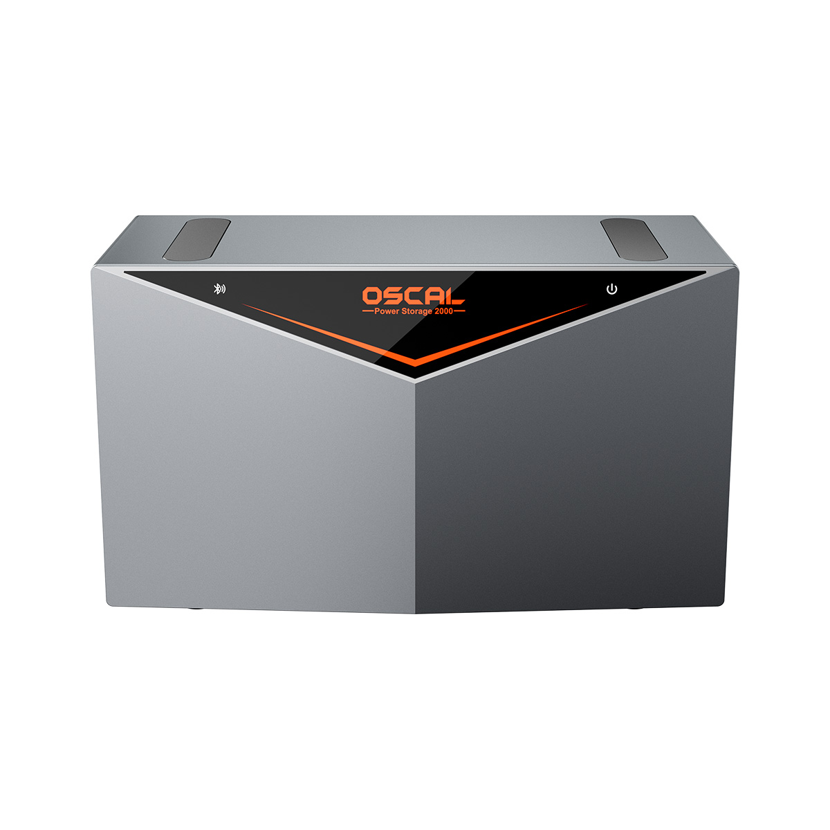 Grey Oscal Power Storage 2000 unit with an orange illuminated V-shaped accent and logo.