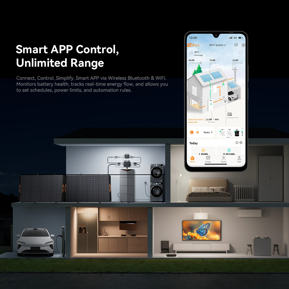 Smartphone displays a smart app control for a solar energy system in a modern house.