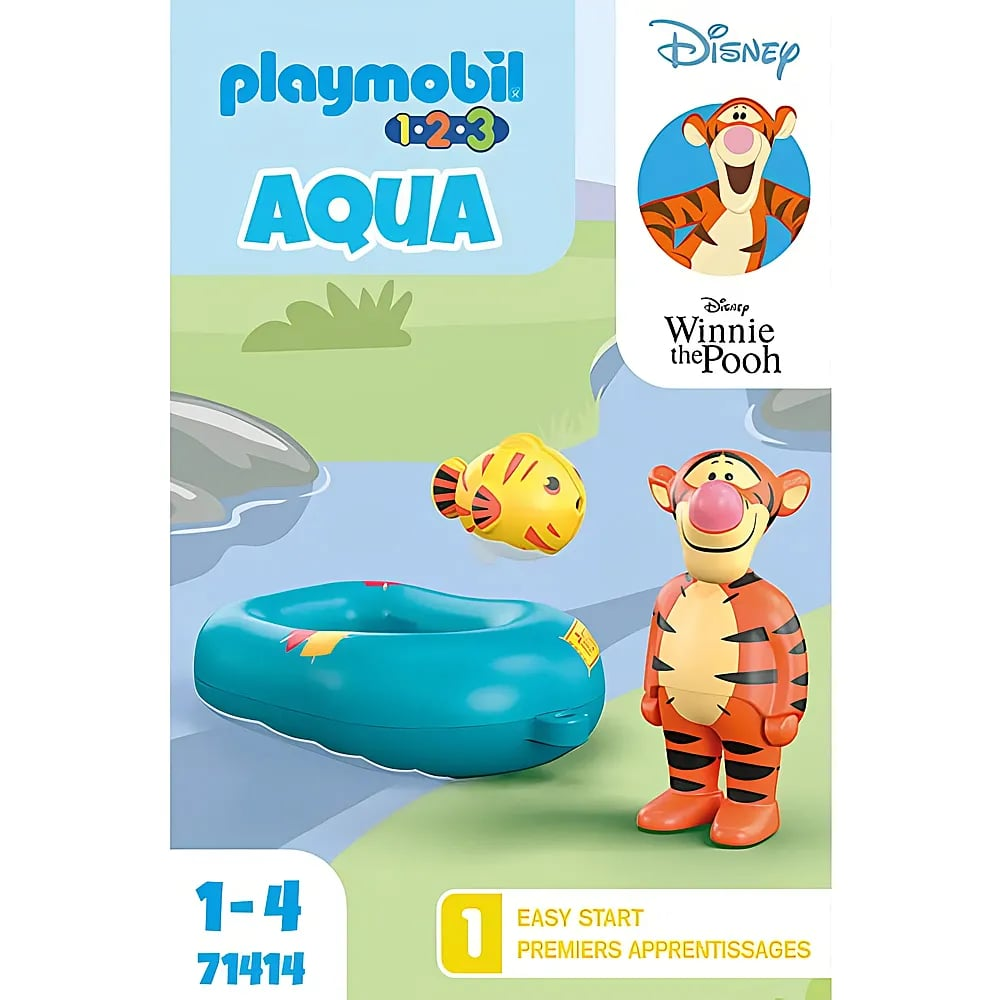Set Playmobil 1.2.3 Aqua Winnie the Pooh con figura de Tigger, barca y pez junto a un río.