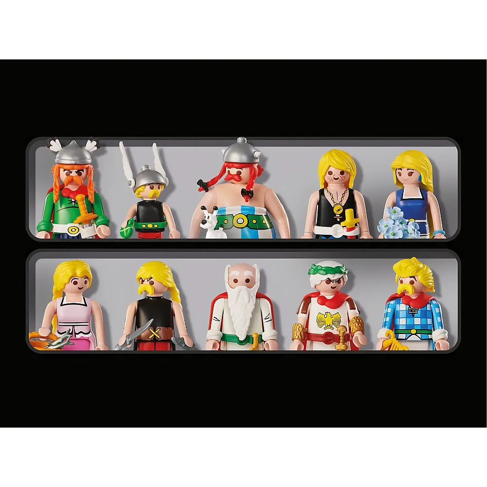 Dwa rzędy dziesięciu kolorowych figurek Playmobil w stylu Asterixa, w tym Asterix, Obelix i Panoramix.