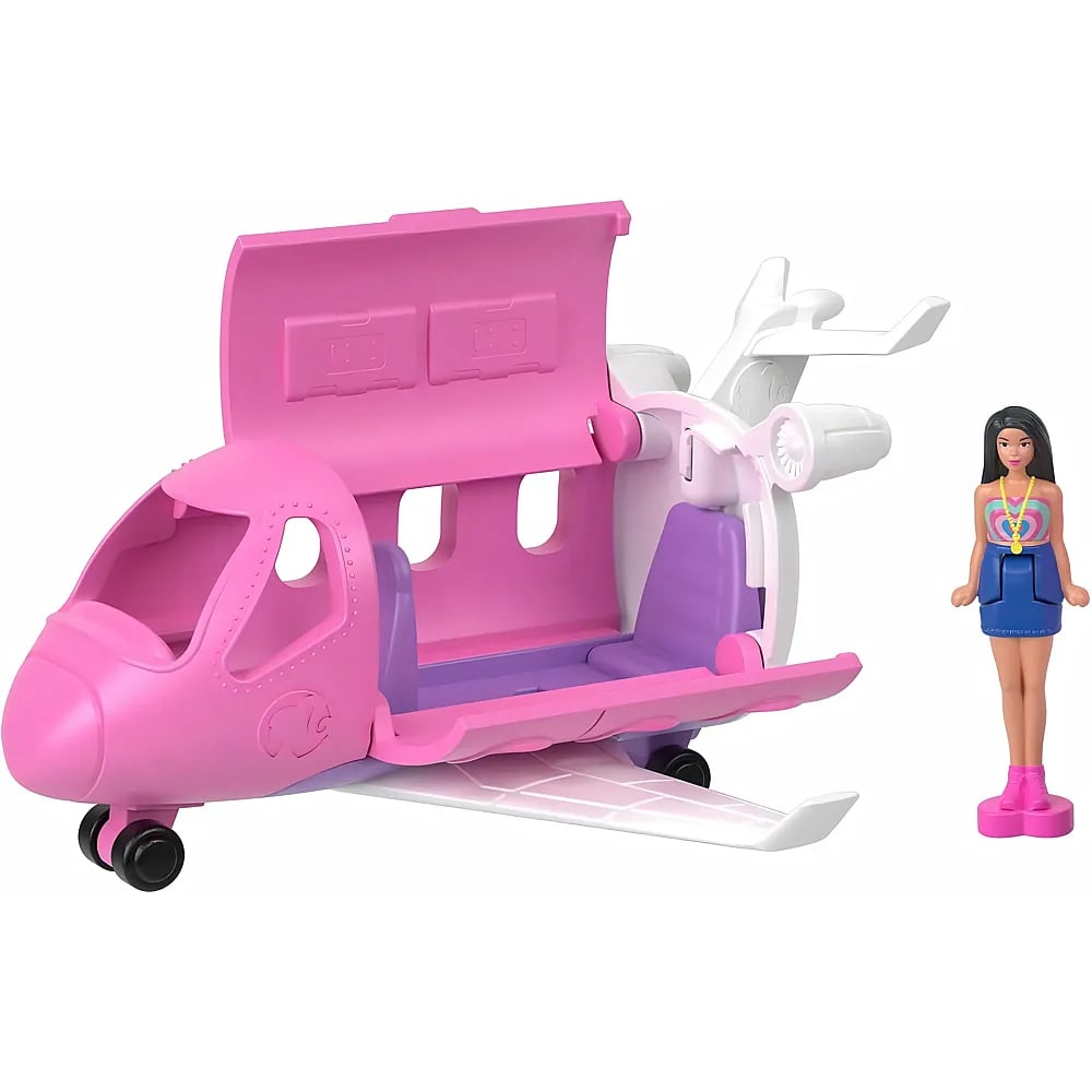 Ein pinkes Spielzeugflugzeug mit offenem Dach und lila Sitzen steht neben einer kleinen Puppe.