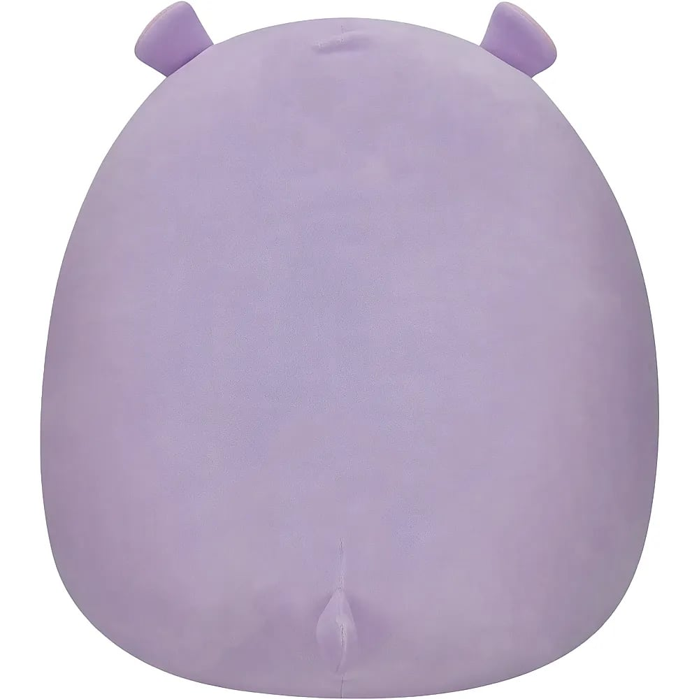 Rückseite eines runden, hellvioletten Kuscheltiers mit zwei kleinen Ohren oben und einem kleinen Schwanz unten auf weißem Grund.