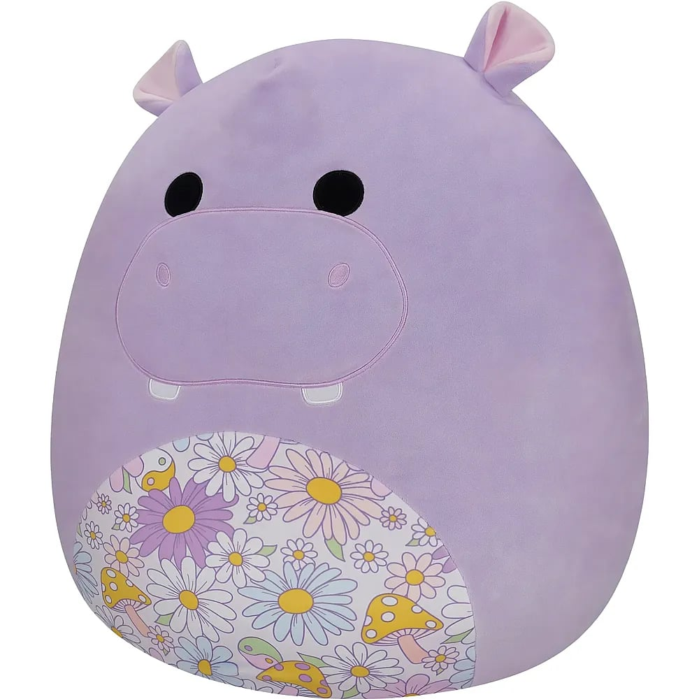 Ein rundes, violettes Nilpferd-Plüschtier mit Blumenmuster auf dem Bauch.
