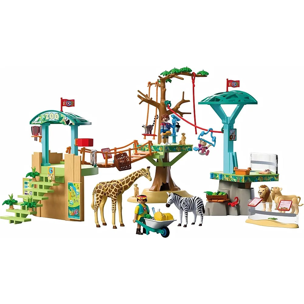 Set de juego Playmobil zoo con animales, figuras, casa en el árbol, puente colgante y recintos.