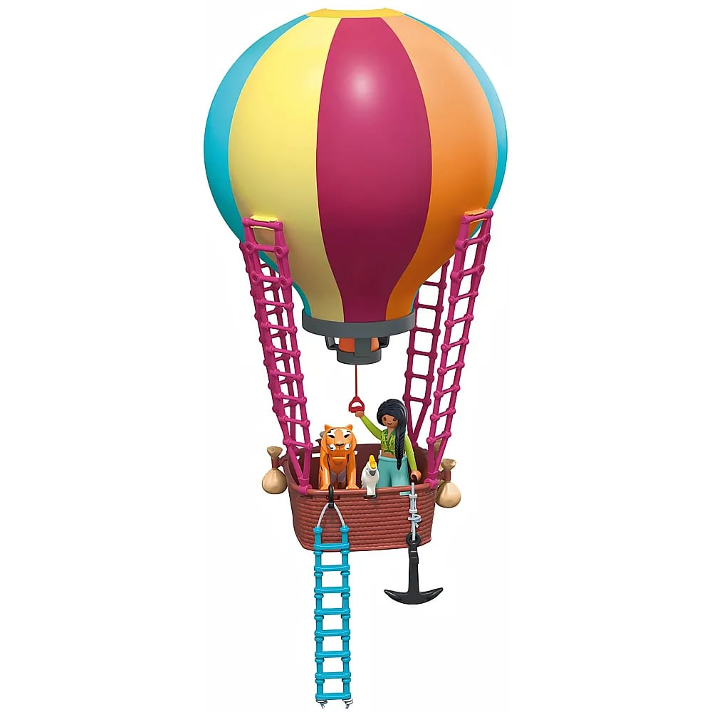 Globo aerostático de plástico colorido con una figura, un tigre y un pájaro en la cesta sobre fondo blanco.