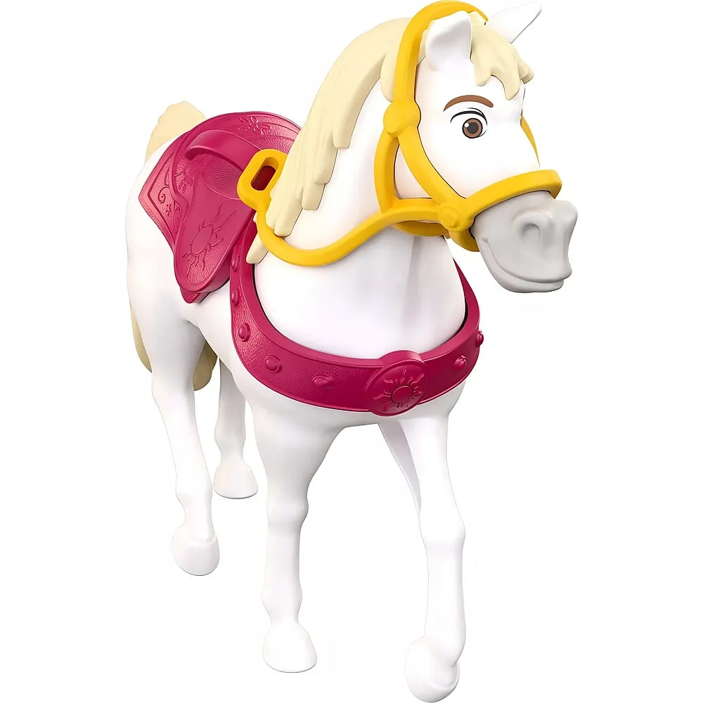 Un caballo de juguete blanco con crin y cola rubias, brida amarilla y silla roja.