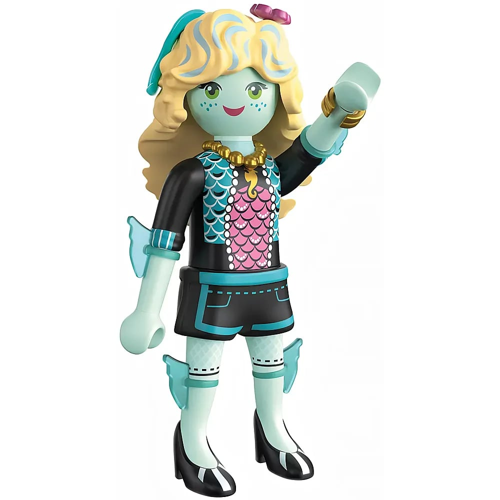 Eine Playmobil-Figur mit blauem Gesicht, blonden Haaren, goldenem Schmuck und schwarz-türkiser Kleidung winkt.