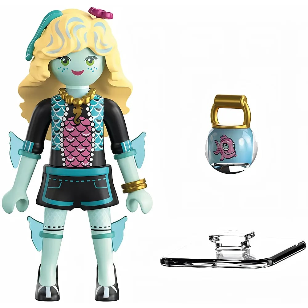 Eine Playmobil-Figur mit blondem Haar, türkisfarbener Haut, einem Fischmuster-Top und Zubehör auf weißem Hintergrund.