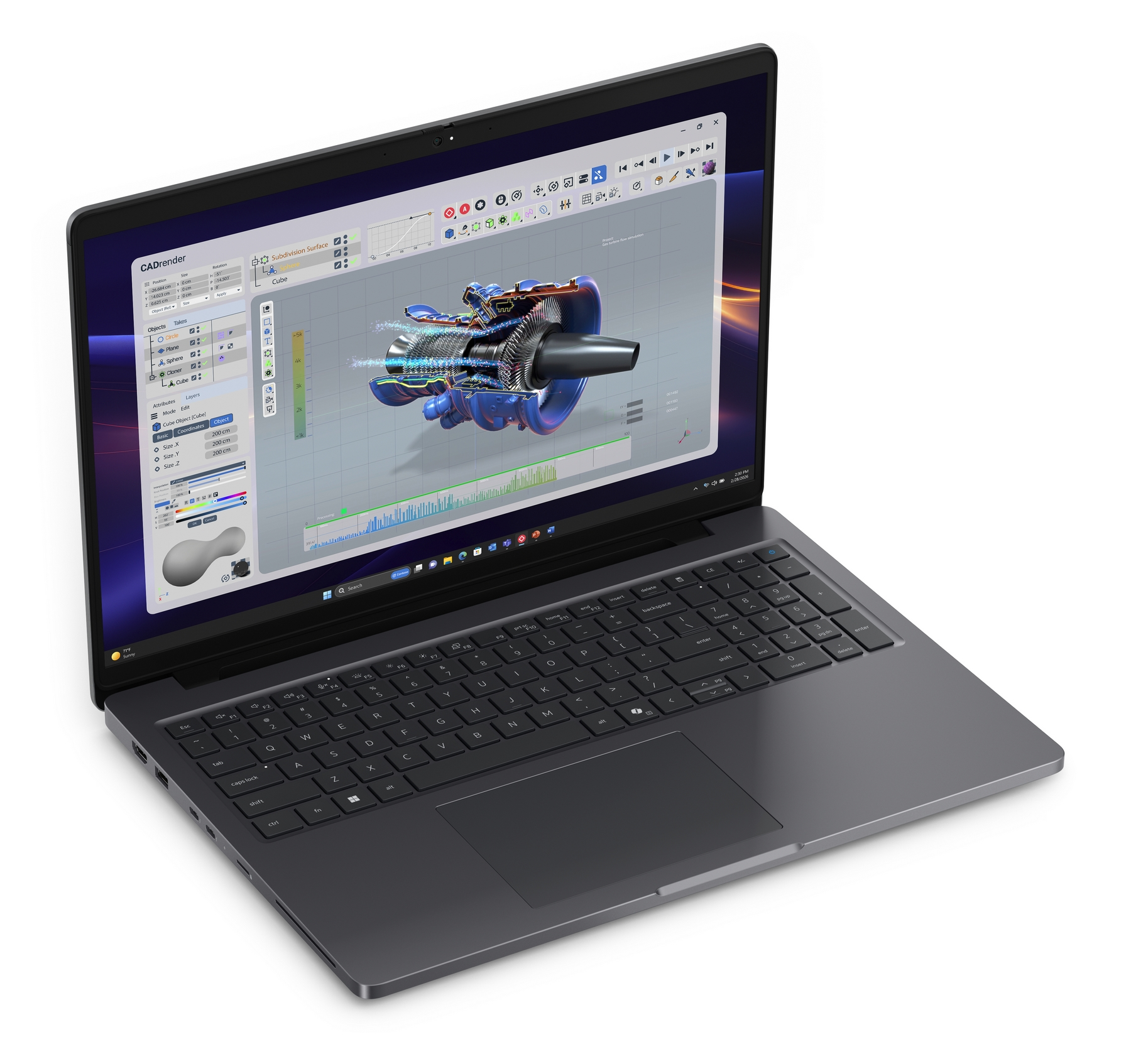 Un computer portatile grigio mostra il modello 3D di una turbina.