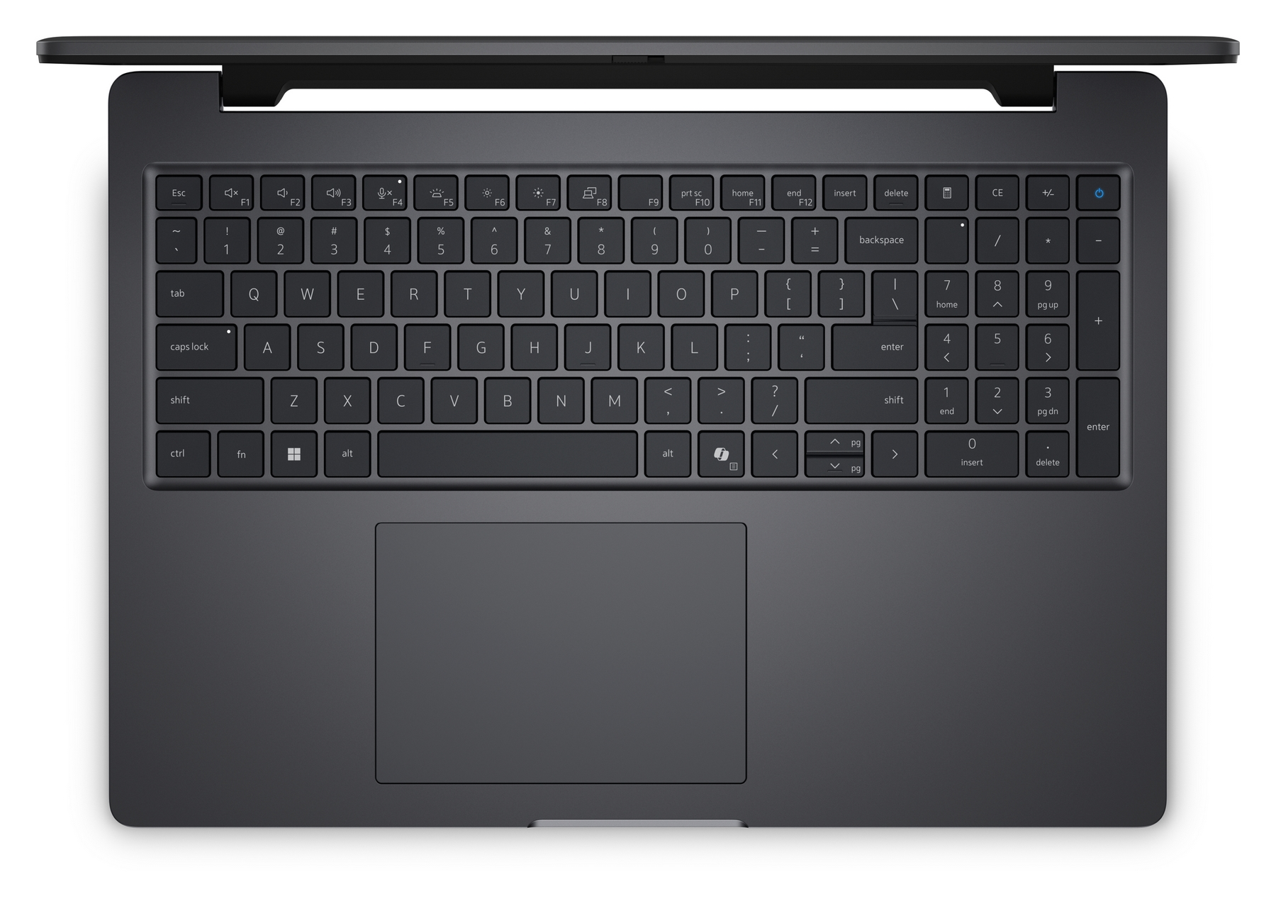 Vista dall'alto della tastiera di un computer portatile grigio scuro con tastierino numerico e touchpad.