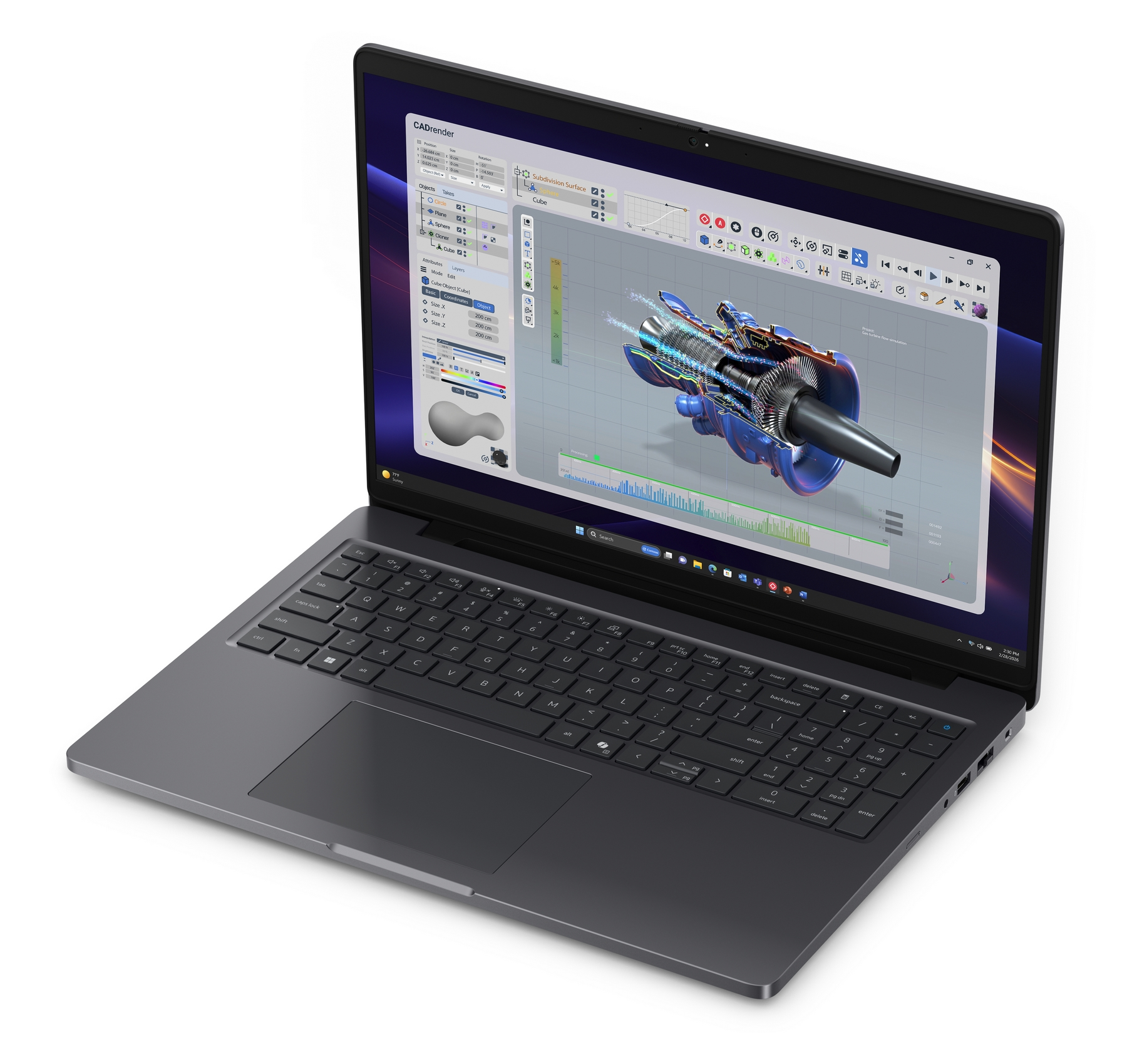 Un computer portatile grigio su sfondo bianco mostra un software di modellazione CAD 3D con la simulazione di una turbina.