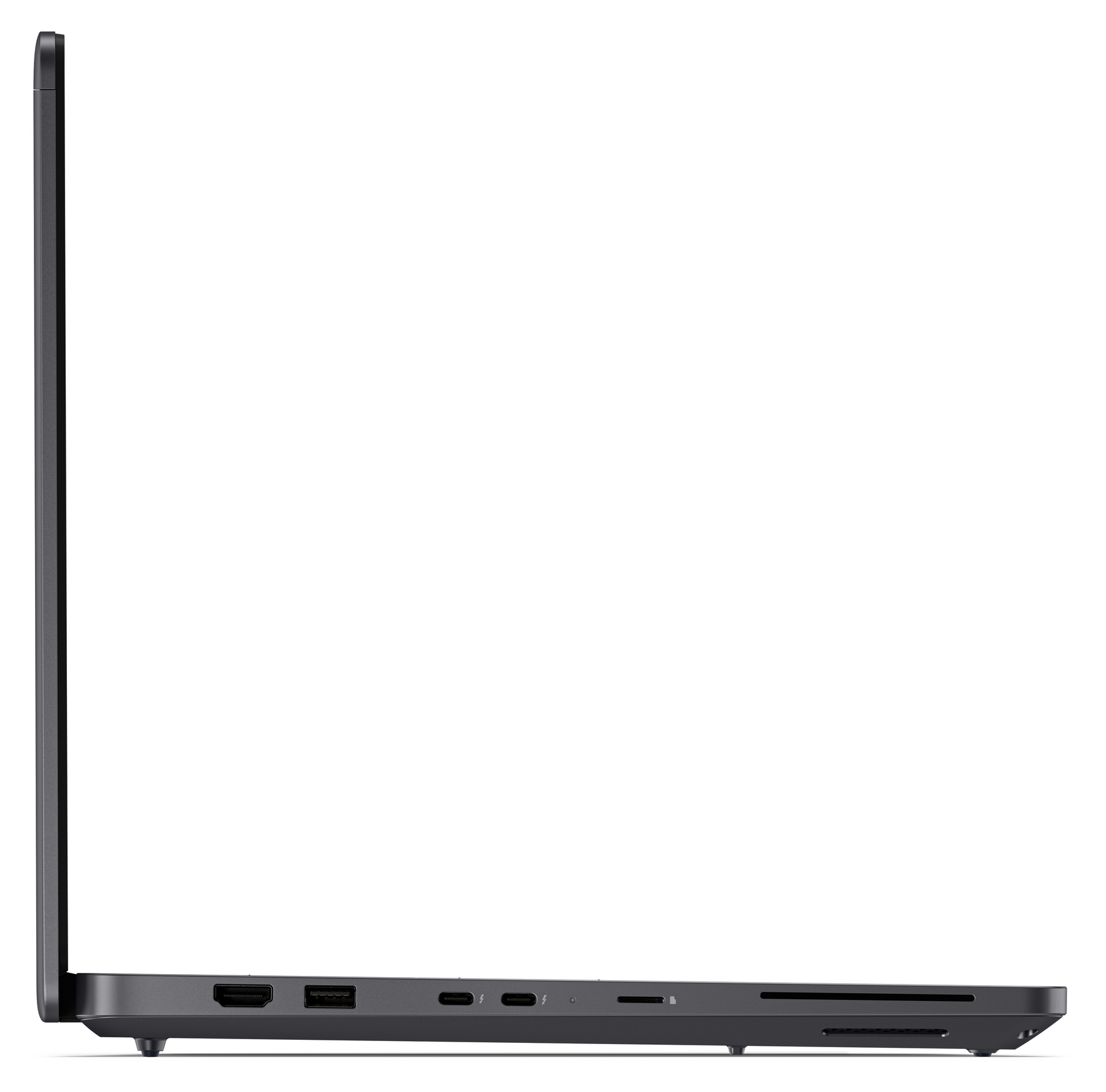 Profilo laterale sinistro di un laptop grigio scuro che mostra porte come HDMI, USB e USB-C su sfondo bianco.