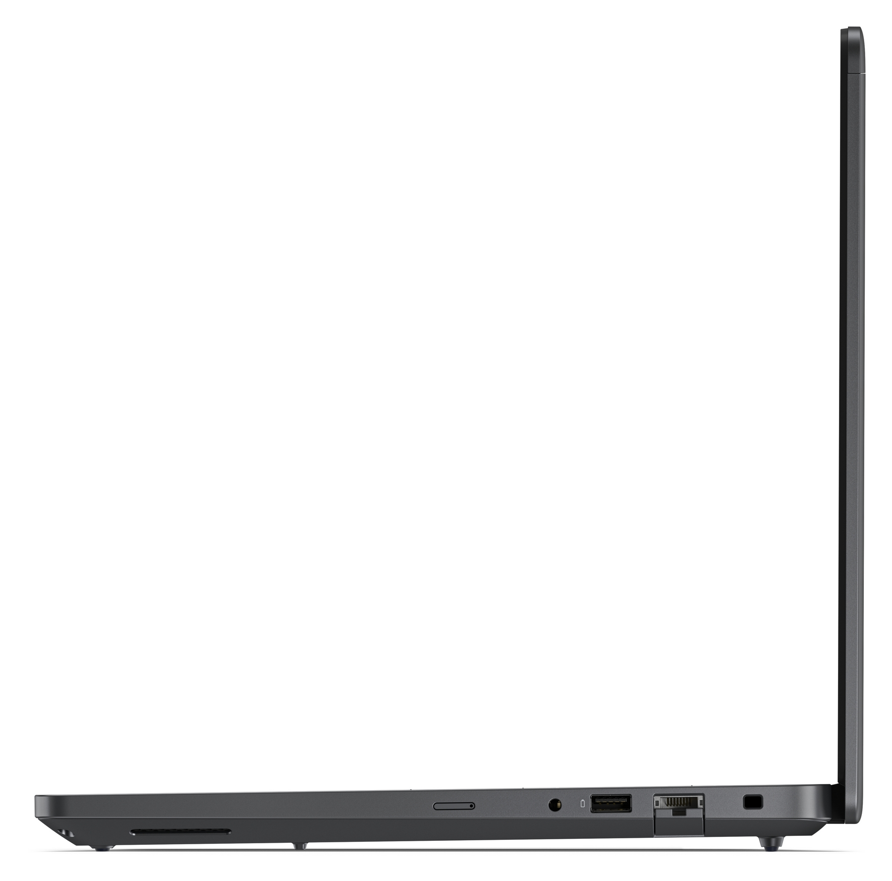 Profilo del lato sinistro di un laptop nero con porte USB, jack audio e porta Ethernet.
