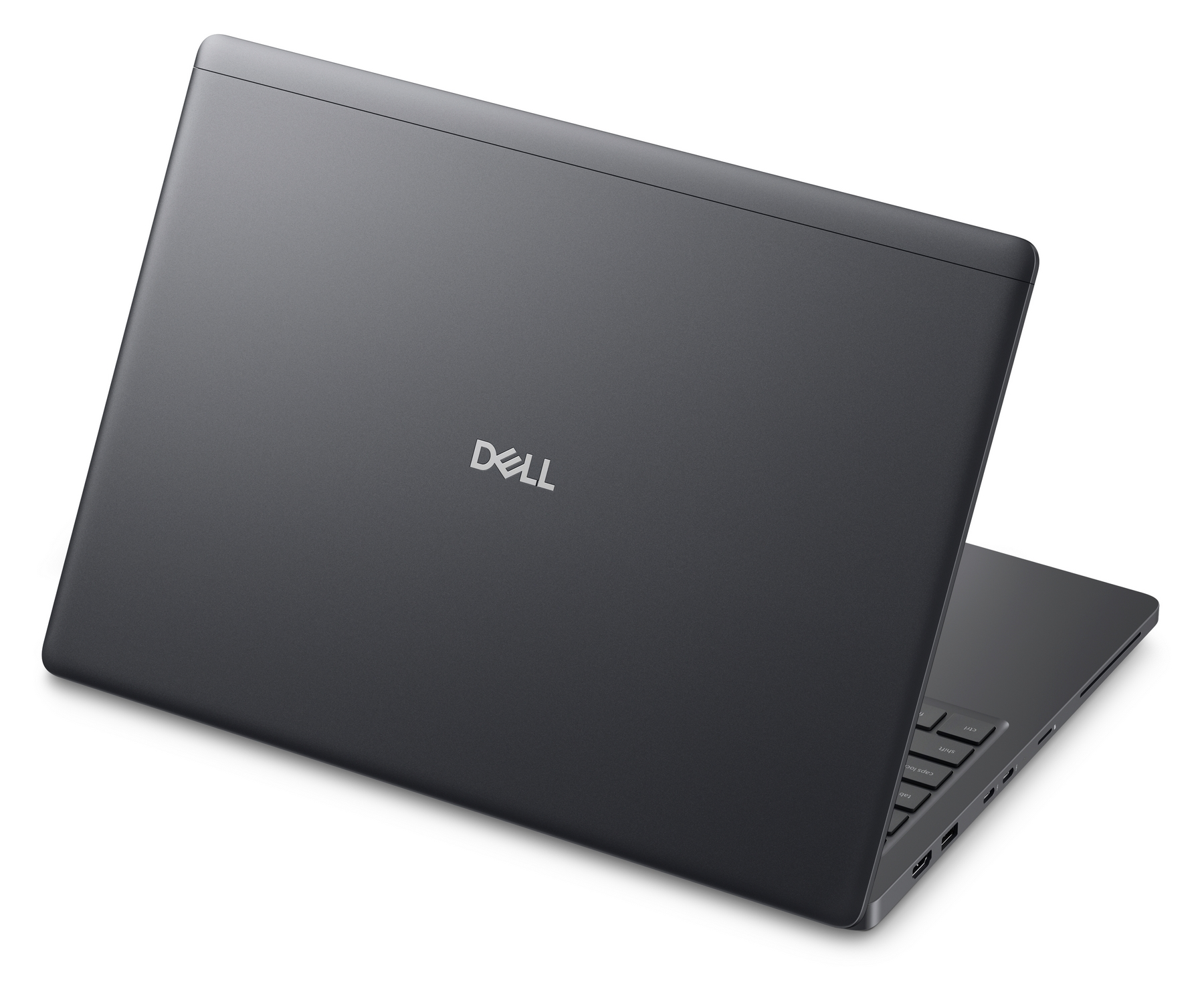 Un computer portatile Dell grigio chiuso si trova su una superficie bianca con il logo visibile.