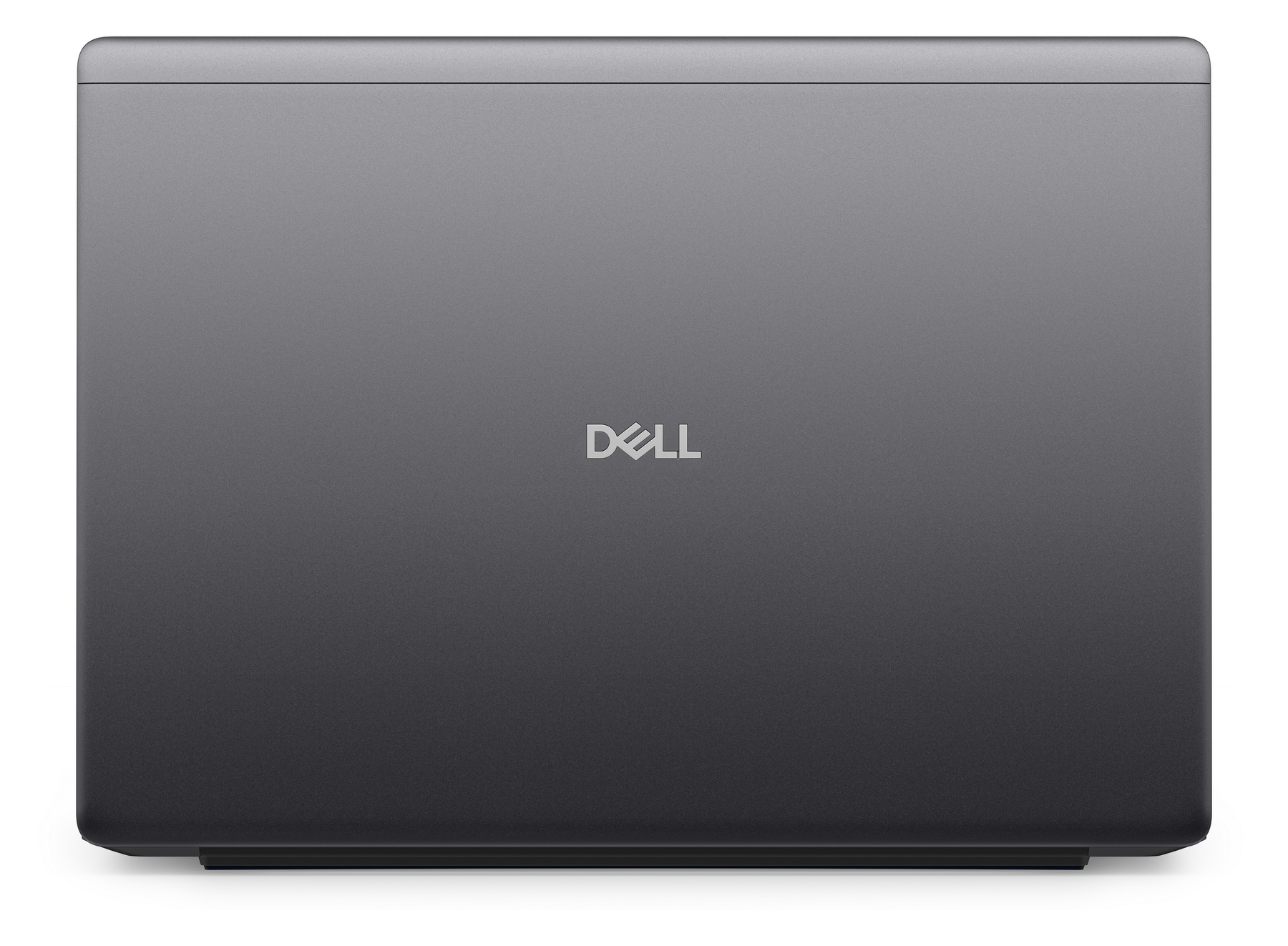 Laptop grigio Dell chiuso visto dall'alto, con logo argentato.