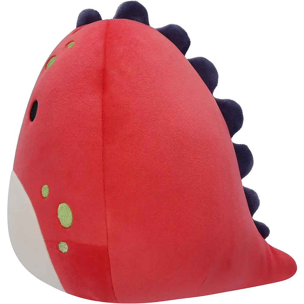 Ein rotes Plüsch-Dinosaurierspielzeug mit dunklen Stacheln auf dem Rücken, grünen Flecken und weißem Bauch.