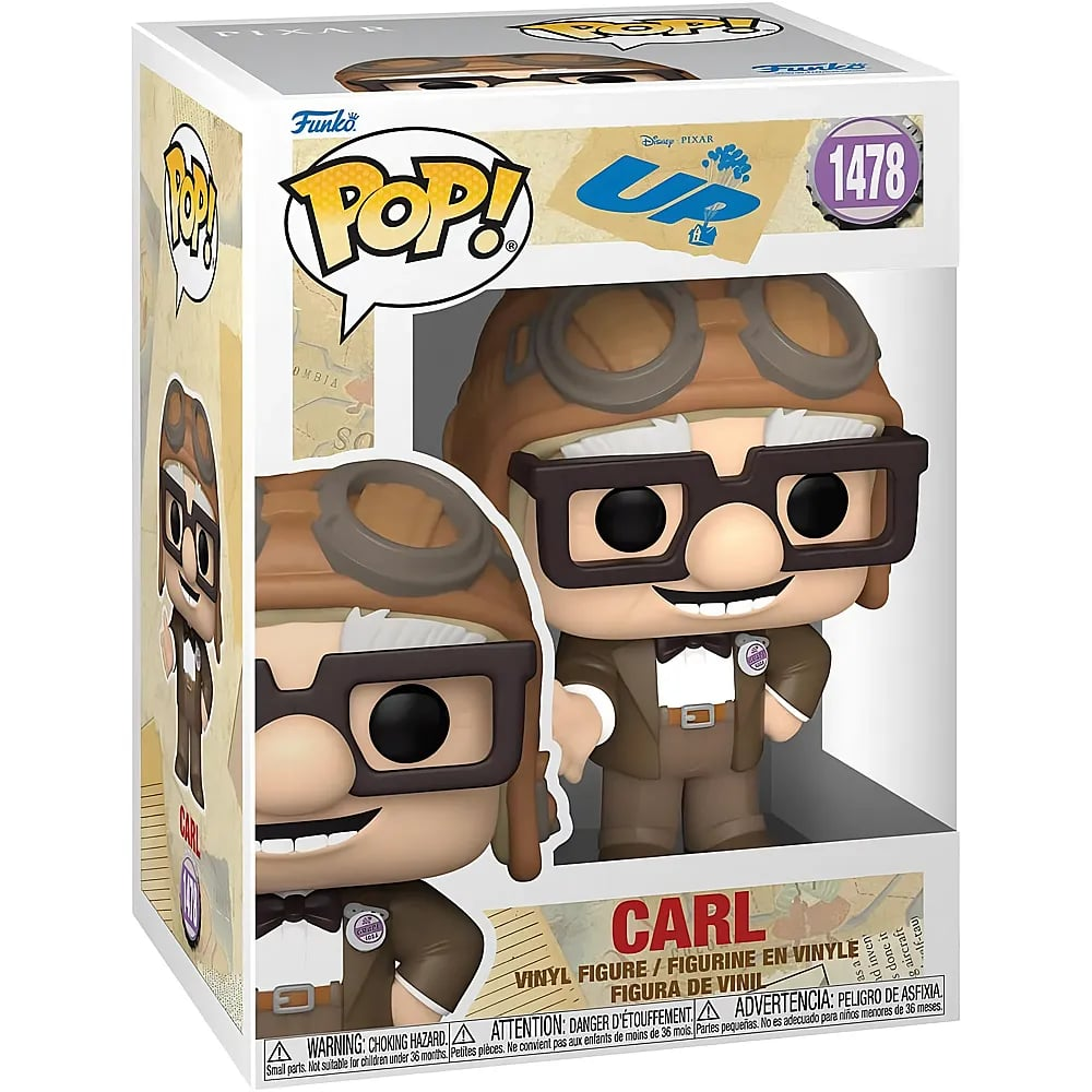 Pudełko Funko Pop z Carlem z Odlotu, zawierające winylową figurkę w czapce lotnika, grubych okularach i brązowym garniturze.