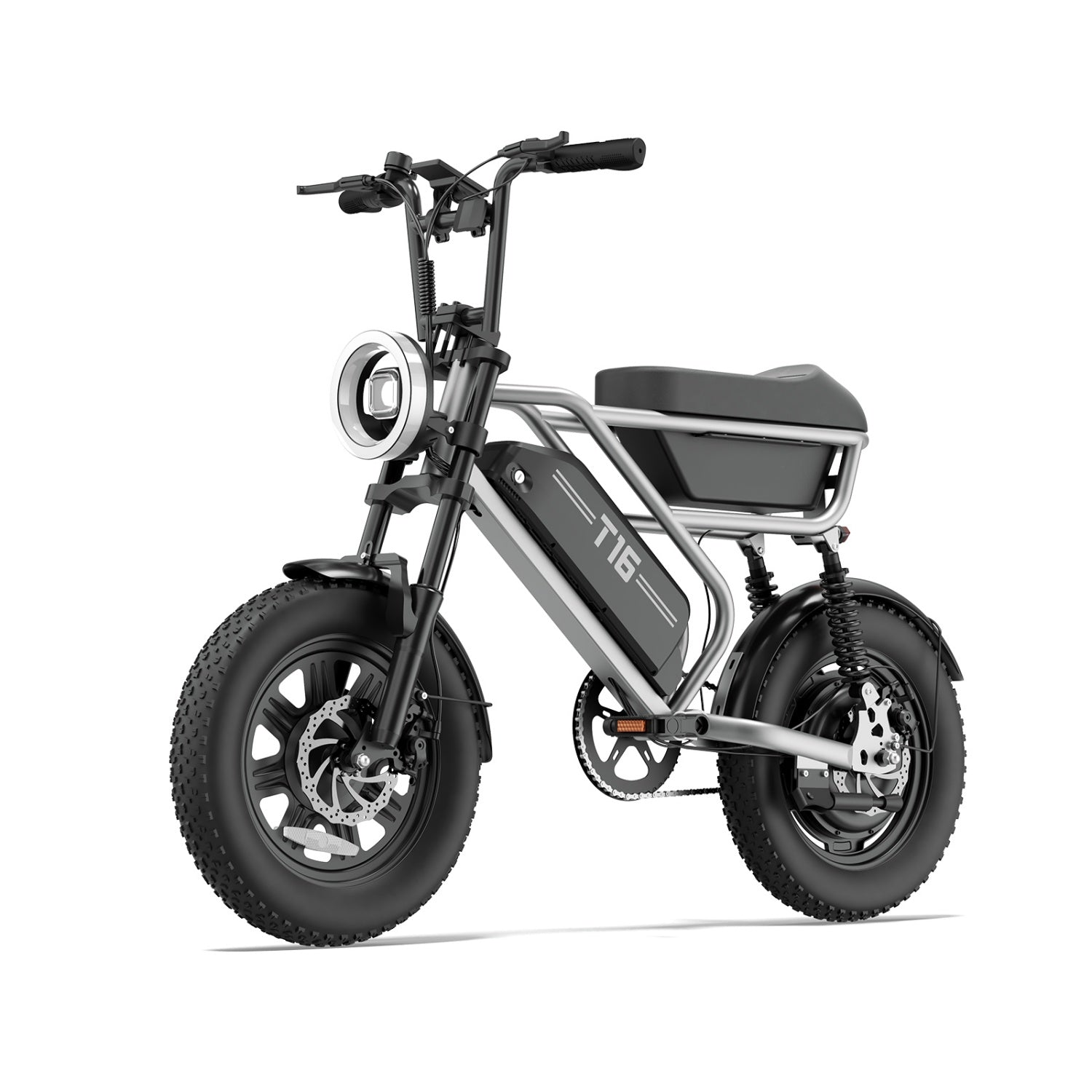 Moderne schwarze und silberne T16 Elektrofahrrad mit dicken Reifen und runden Scheinwerfer vor weißem Hintergrund.