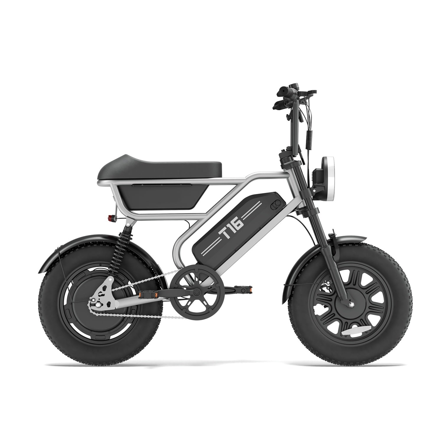 Ein silber-schwarzes E-Bike mit dickem Reifen, Gepäckträger und T16-Beschriftung auf weißem Hintergrund.