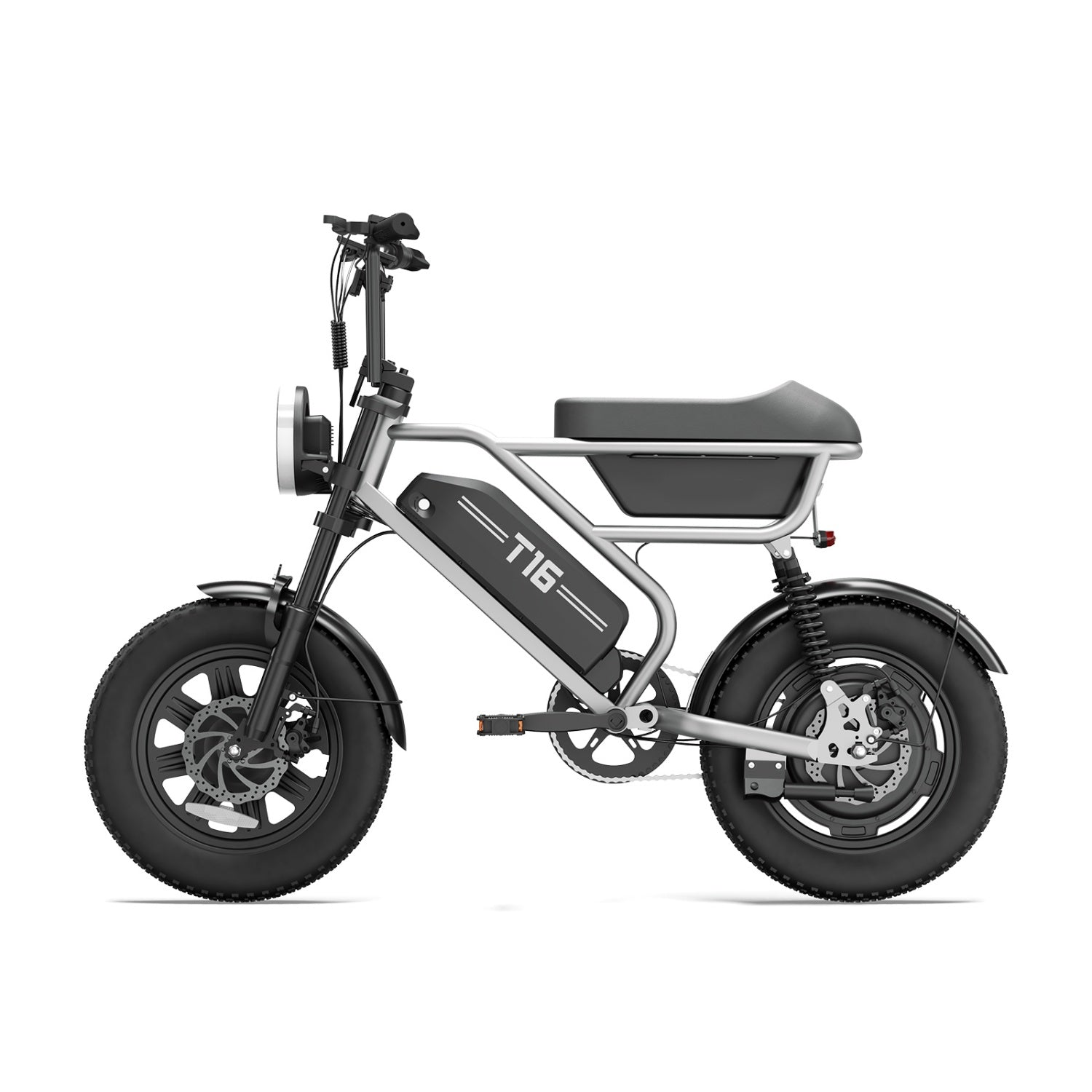 Ein modernes silber-schwarzes T16 Elektrofahrrad mit dicken Reifen, Frontlicht und gepolstertem Sitz auf weißem Grund.