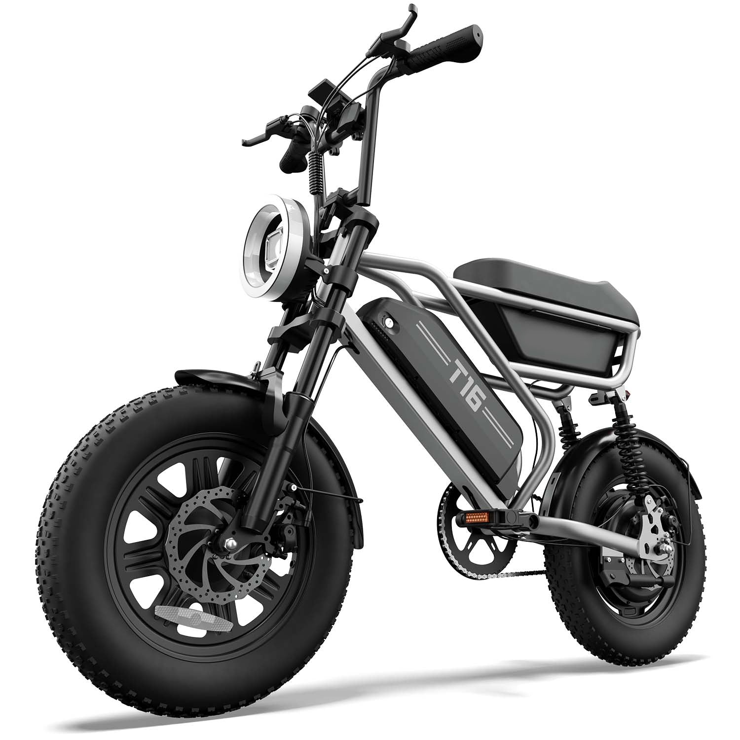 Ein modernes graues und schwarzes Elektromoped mit fetten Reifen, rundem Scheinwerfer und T16-Aufschrift.