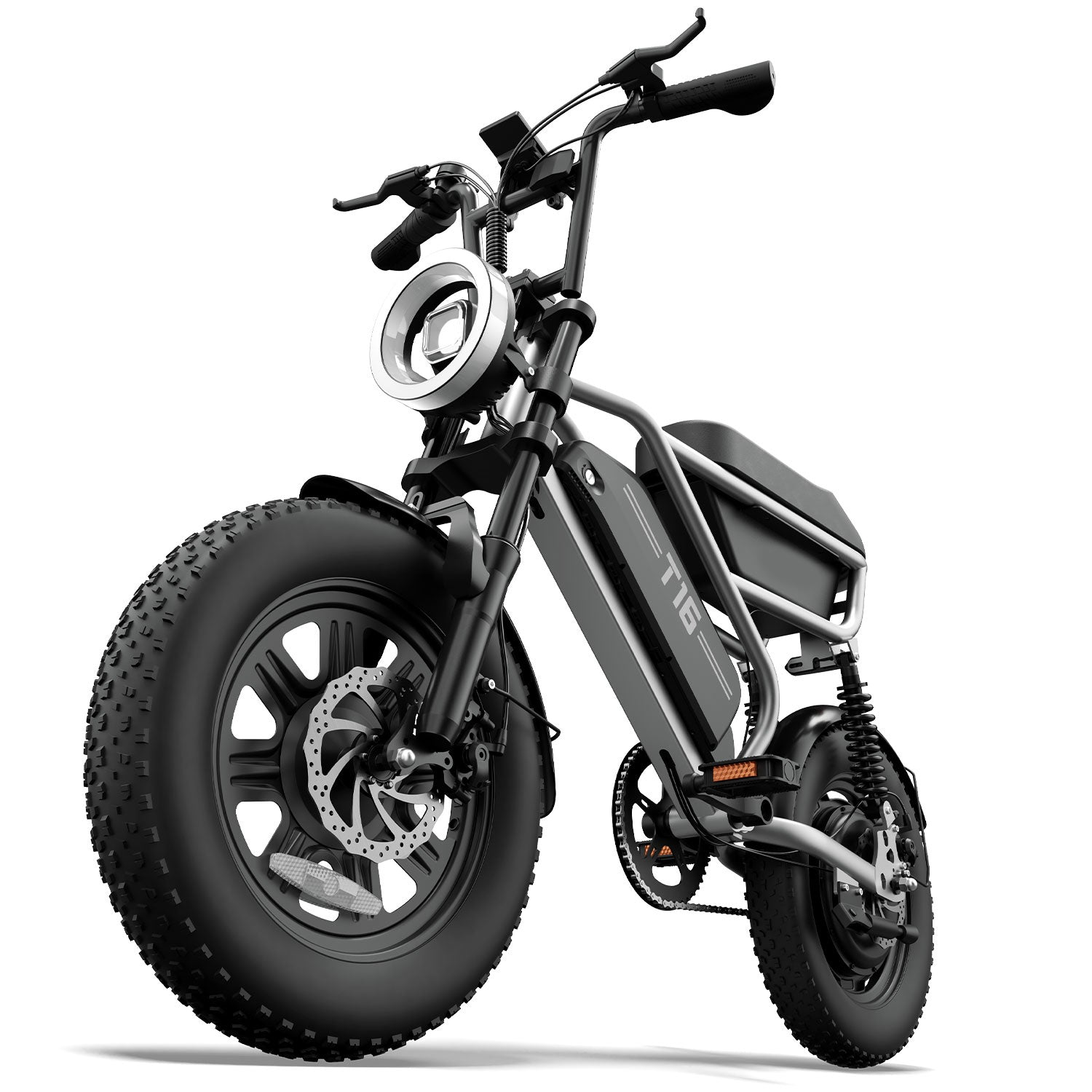 Moderne schwarze T16 E-Bike mit dicken Reifen und runder Frontlampe auf weißem Grund.